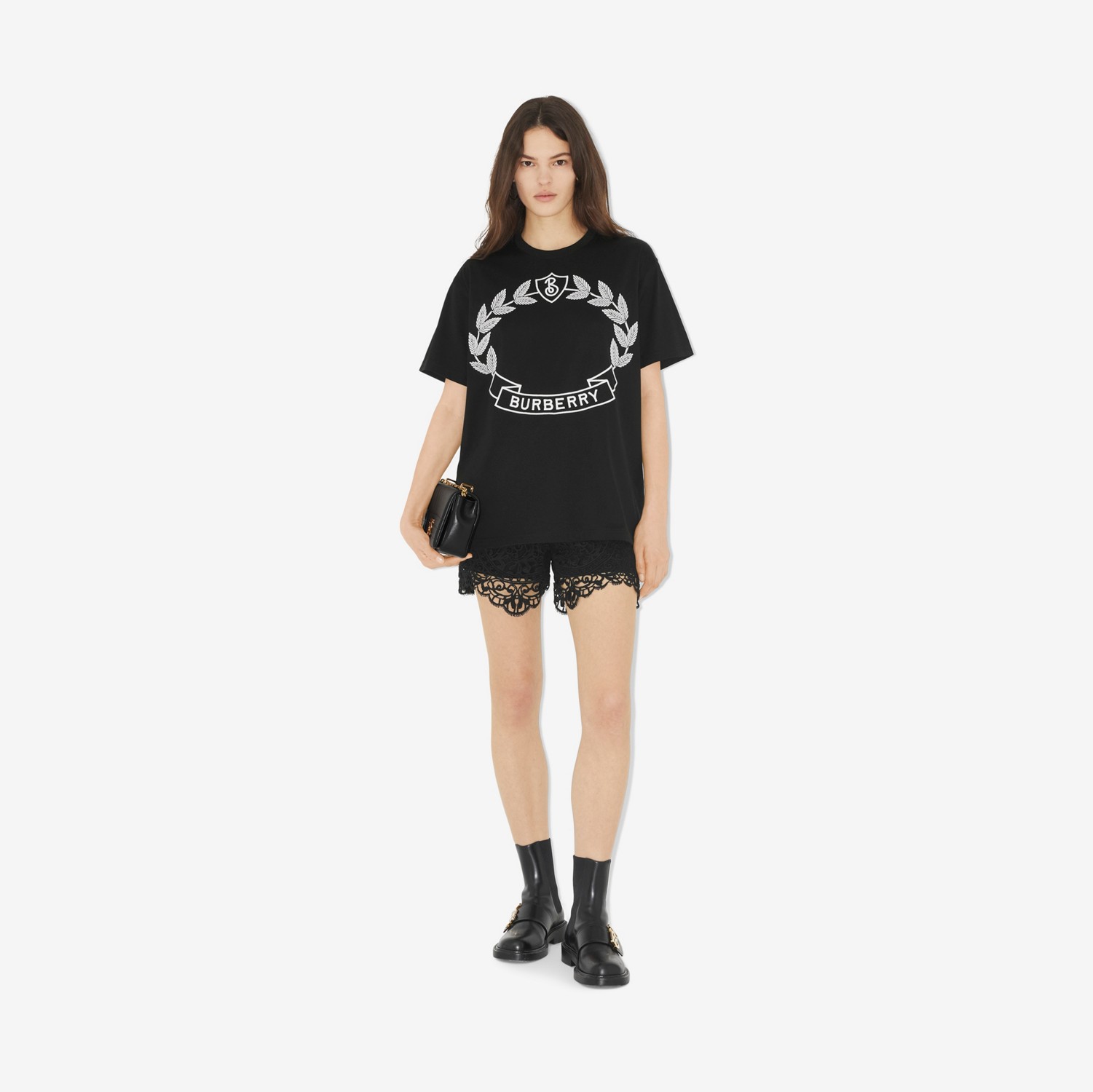 Camiseta de algodão com emblema de folha de carvalho (Preto) - Mulheres | Burberry® oficial