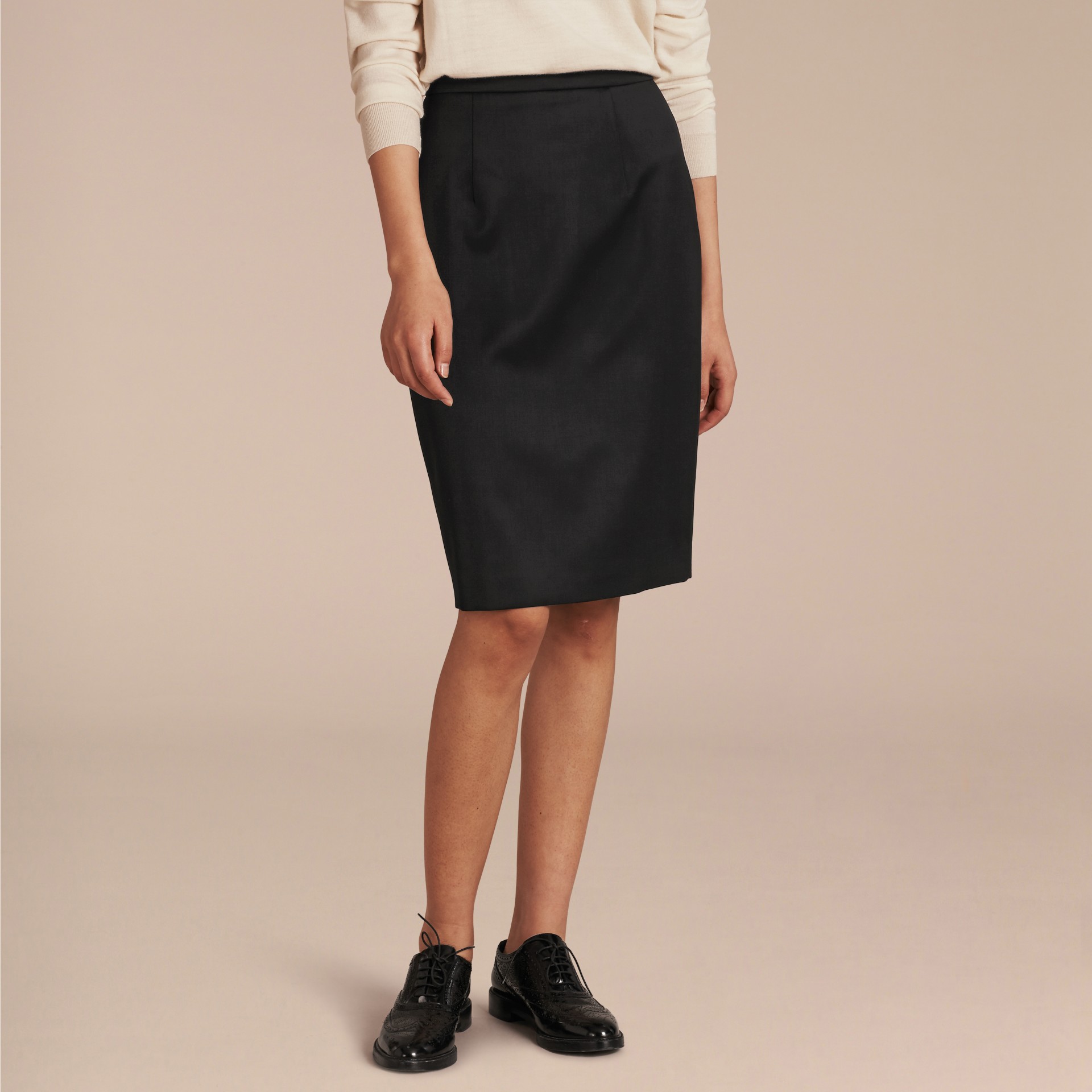 Stretch Virgin Wool Tailored Pencil Skirt Black Burberry