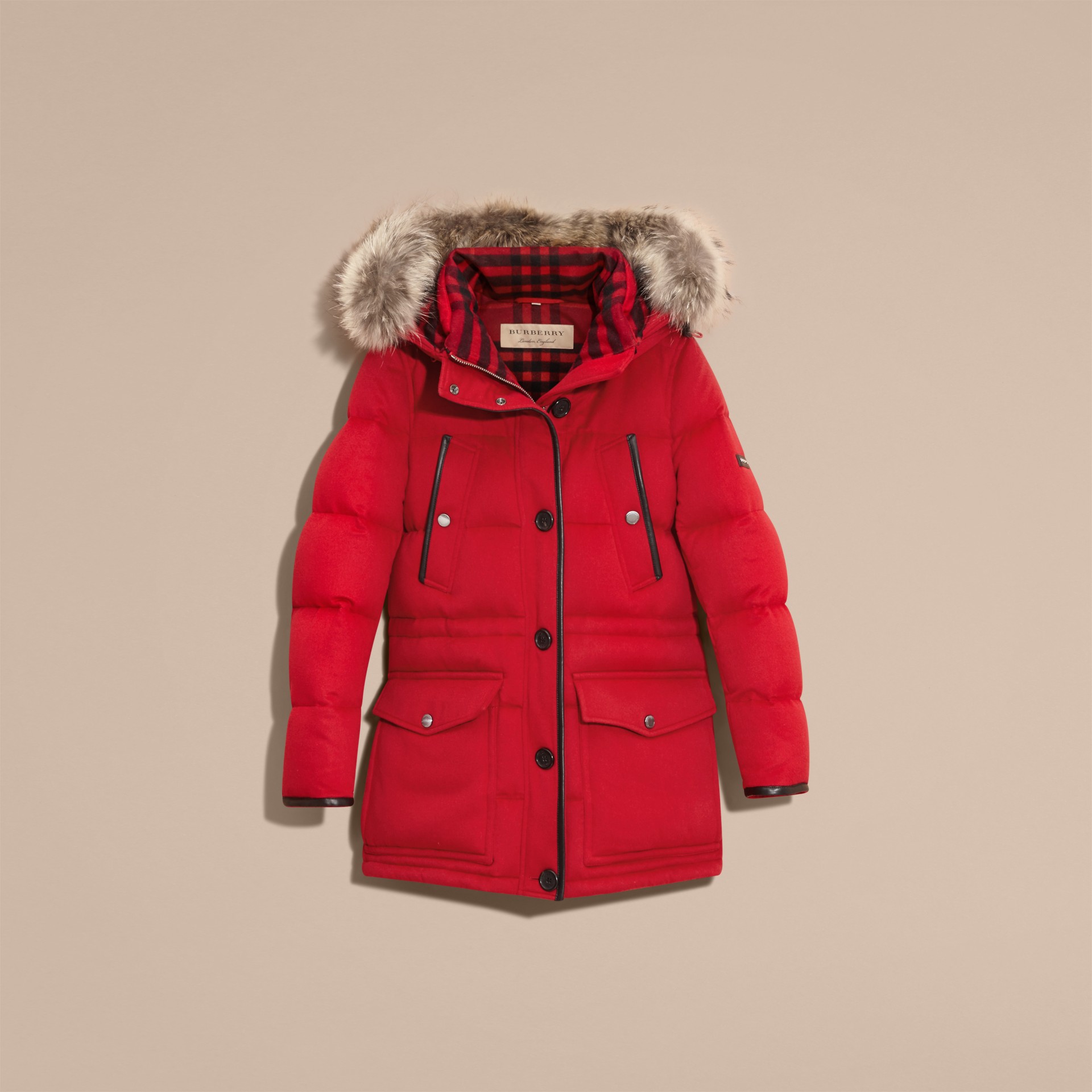 Downfilled Cashmere Coat with Detachable Fur Trim in Parade Red