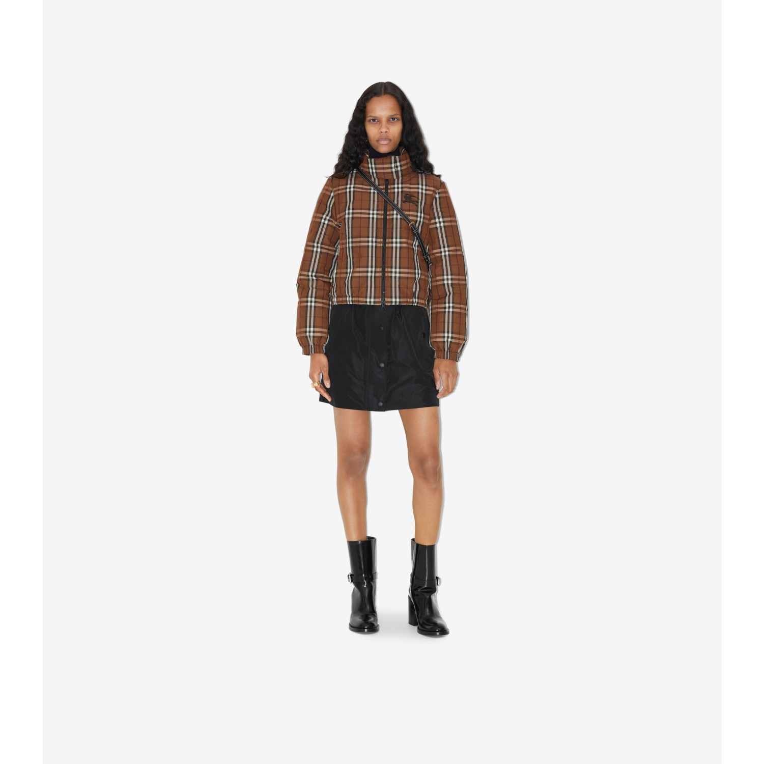 Cropped Check Nylon Puffer Jacket in Dark Birch Brown - Women