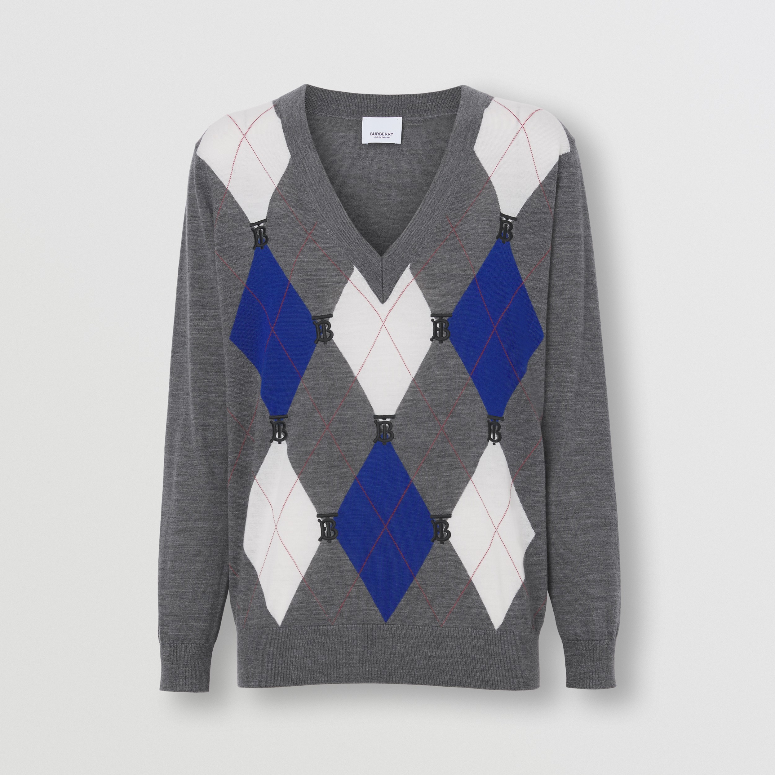 Monogram Motif Argyle Intarsia Wool Sweater in Mid Grey Melange - Women | Burberry® Official - 4