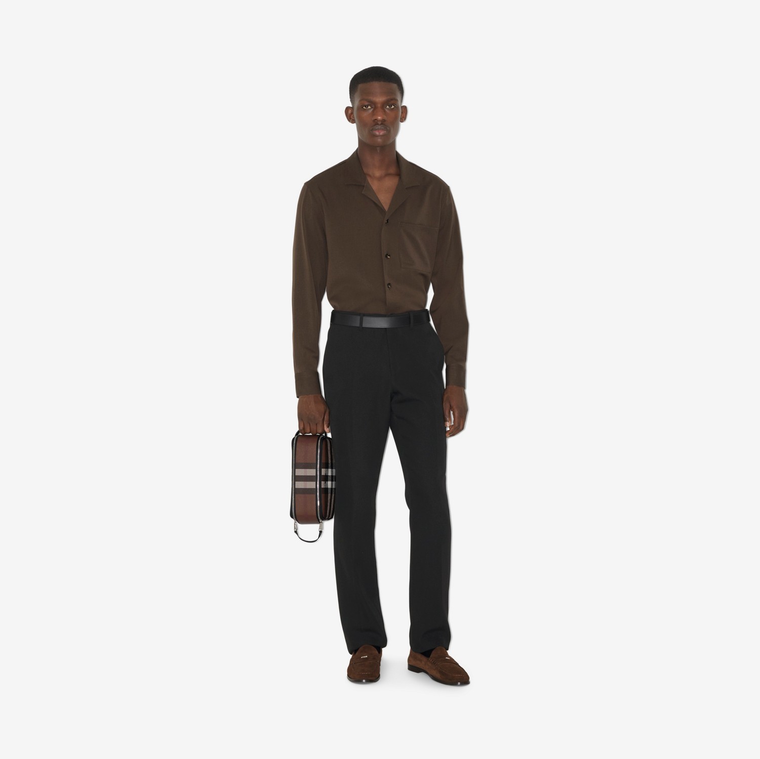 Bolsa pouch de viagem de couro Check (Marrom Bétula Escuro) - Homens | Burberry® oficial