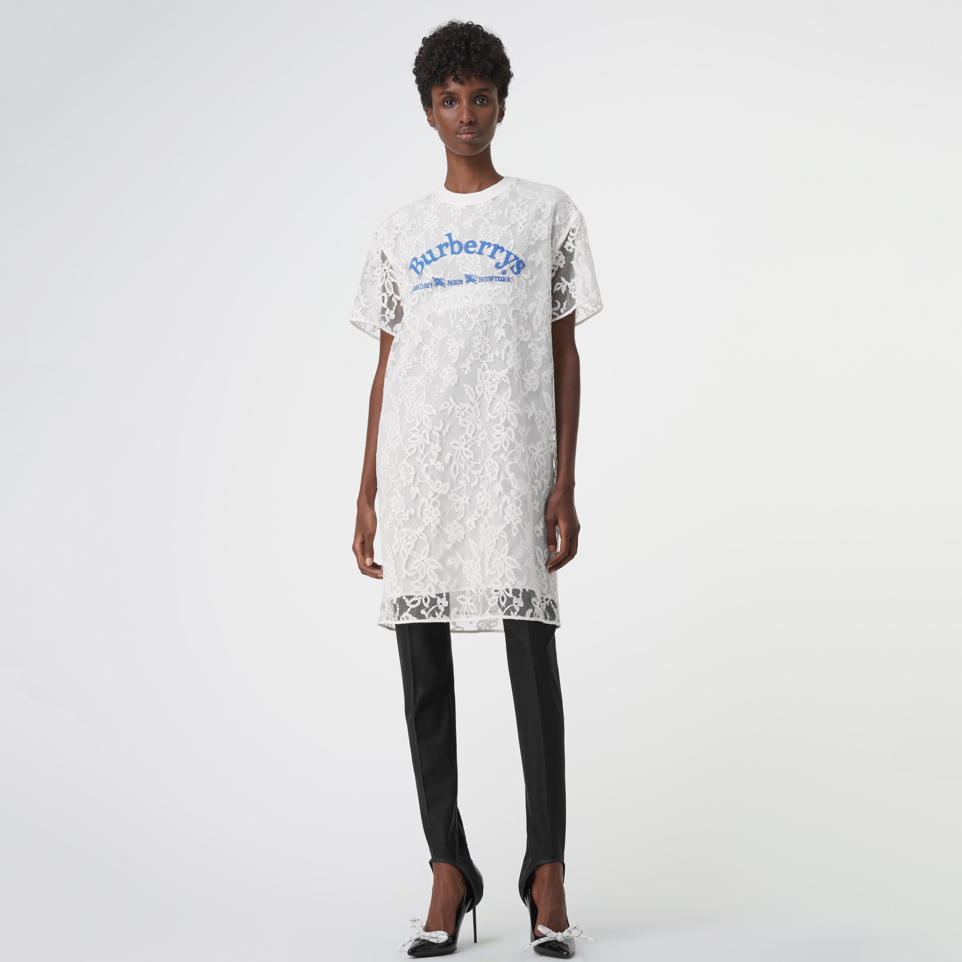 Burberry Embroidered Archive Logo Lace Dress In Natural White