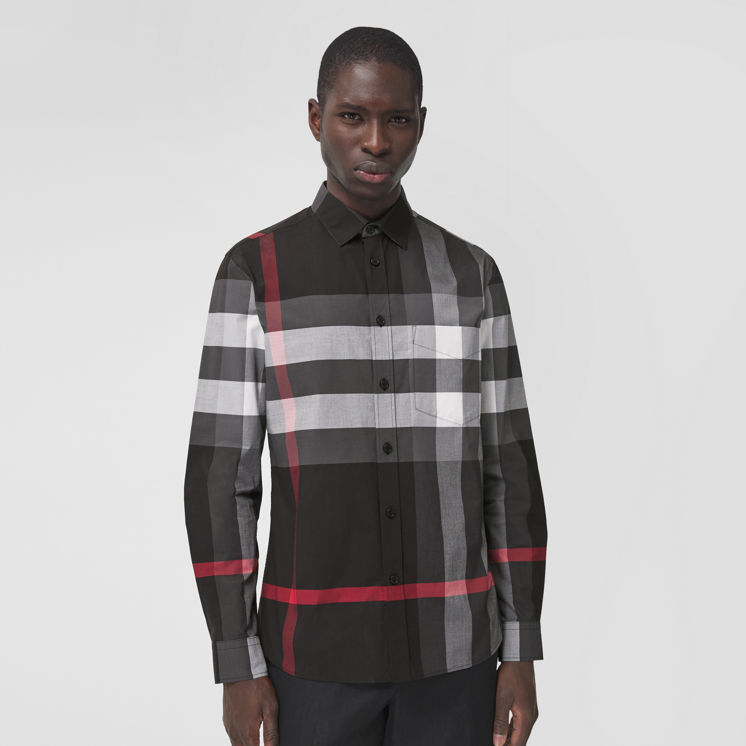 Check Stretch Cotton Poplin Shirt in Charcoal - Men | Burberry® Official