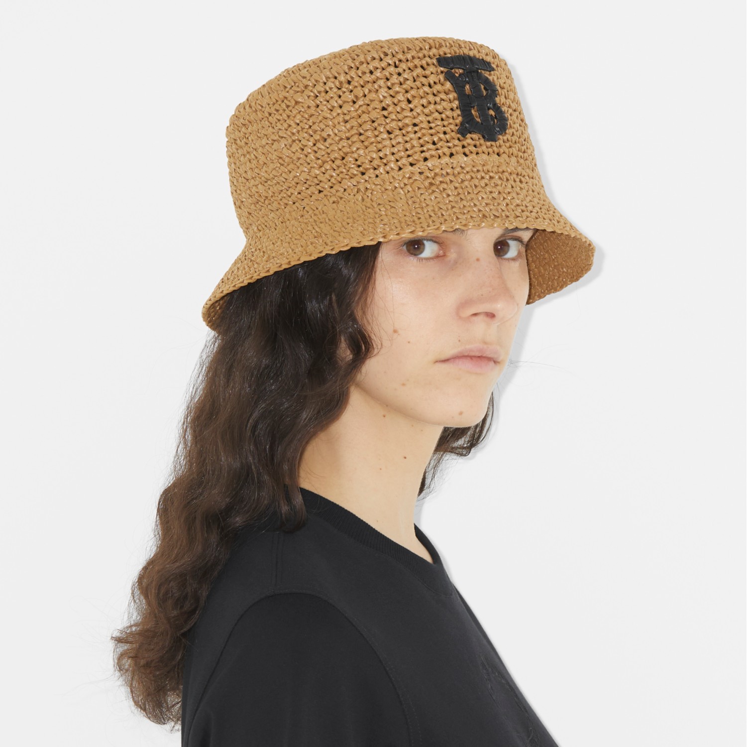 Monogram Motif Raffia-effect Bucket Hat in Natural/beige