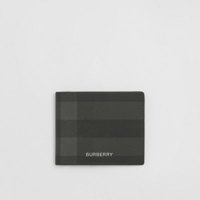 Check and Leather Card Case in Charcoal - Men