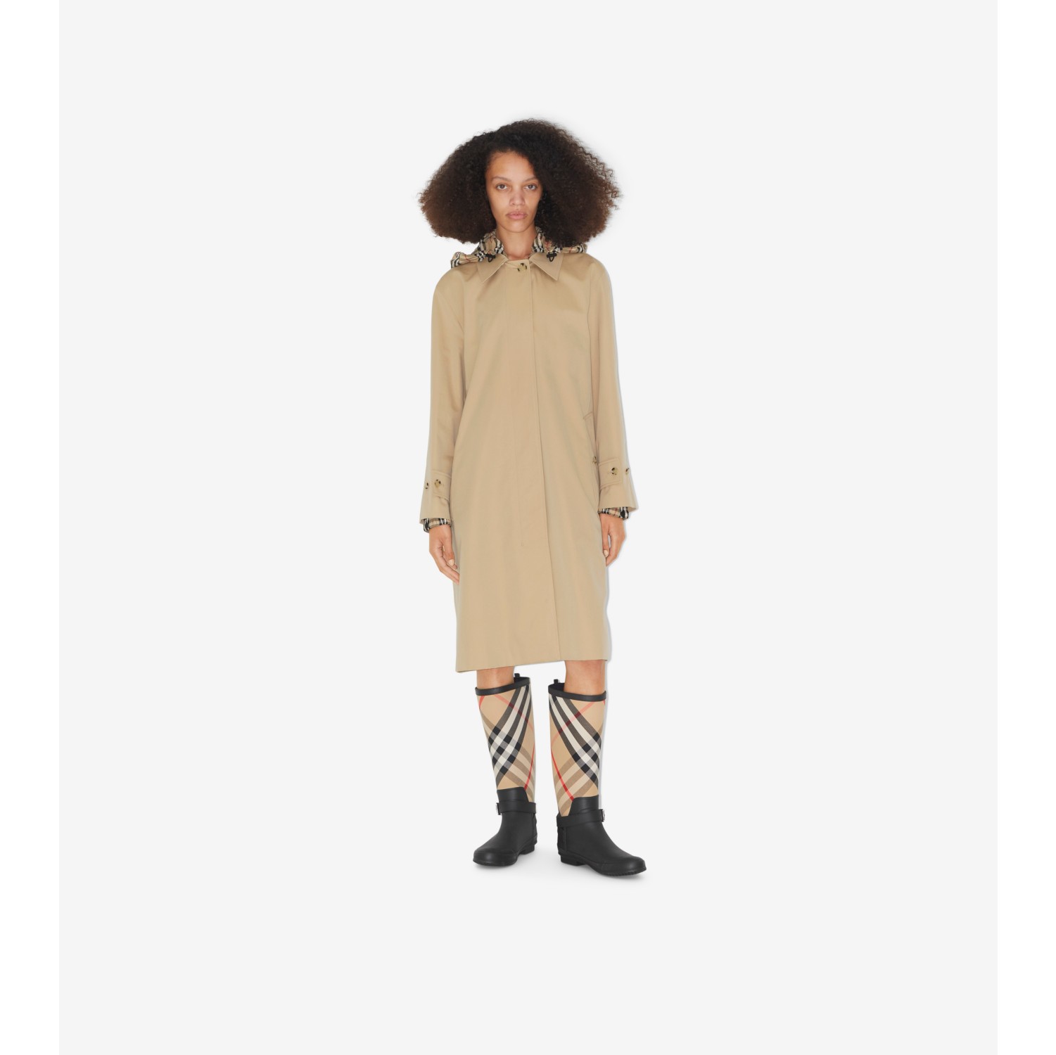 Mid length Check Hood Gabardine Car Coat in Honey Women Cotton Gabardine Burberry Official