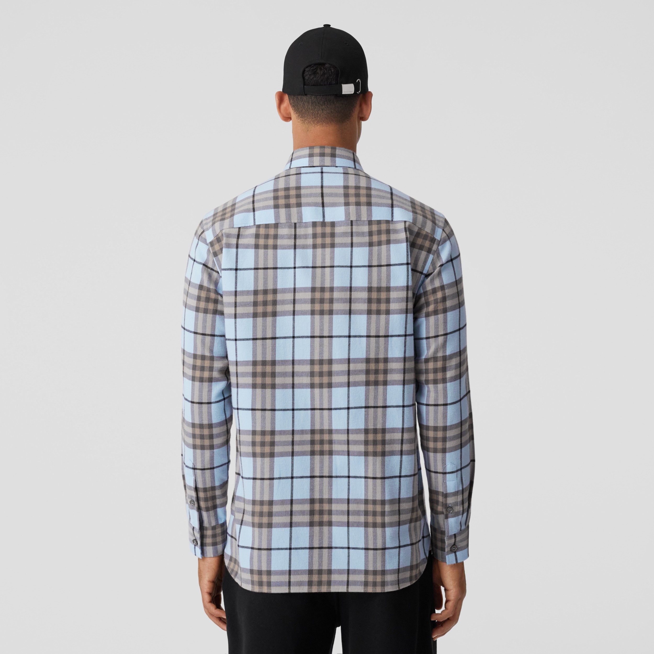 Buttondown Collar Check Cotton Flannel Shirt in Pale Blue Men
