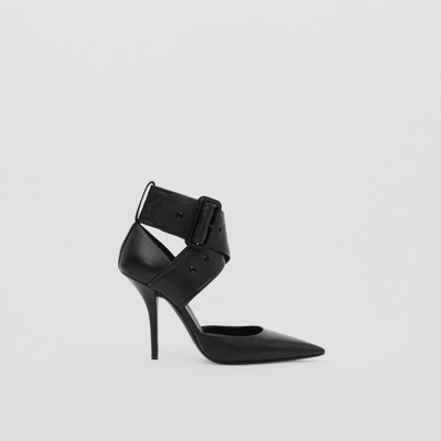 Buckled Strap Leather Point-toe Pumps