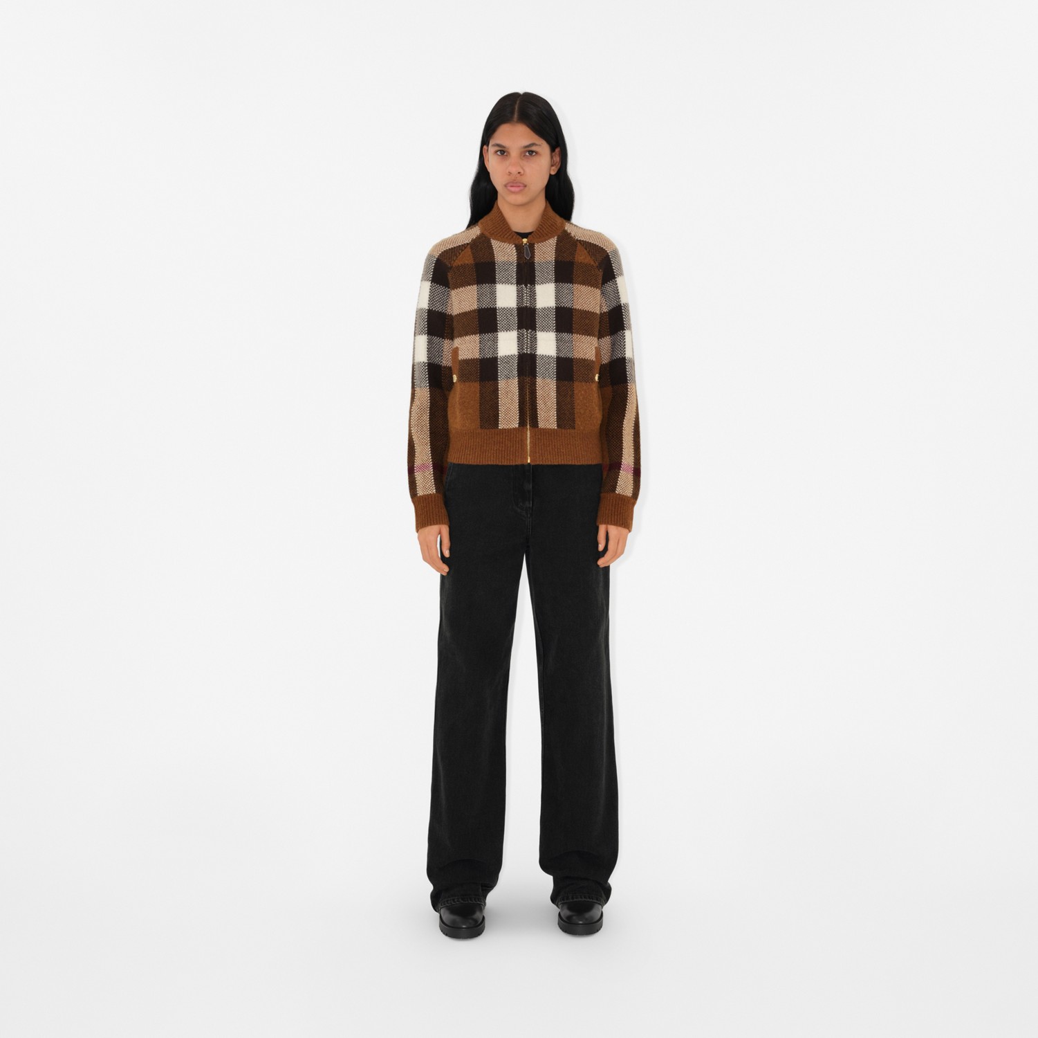 Check Intarsia Wool Cashmere Bomber Jacket in Dark Birch Brown - Women ...