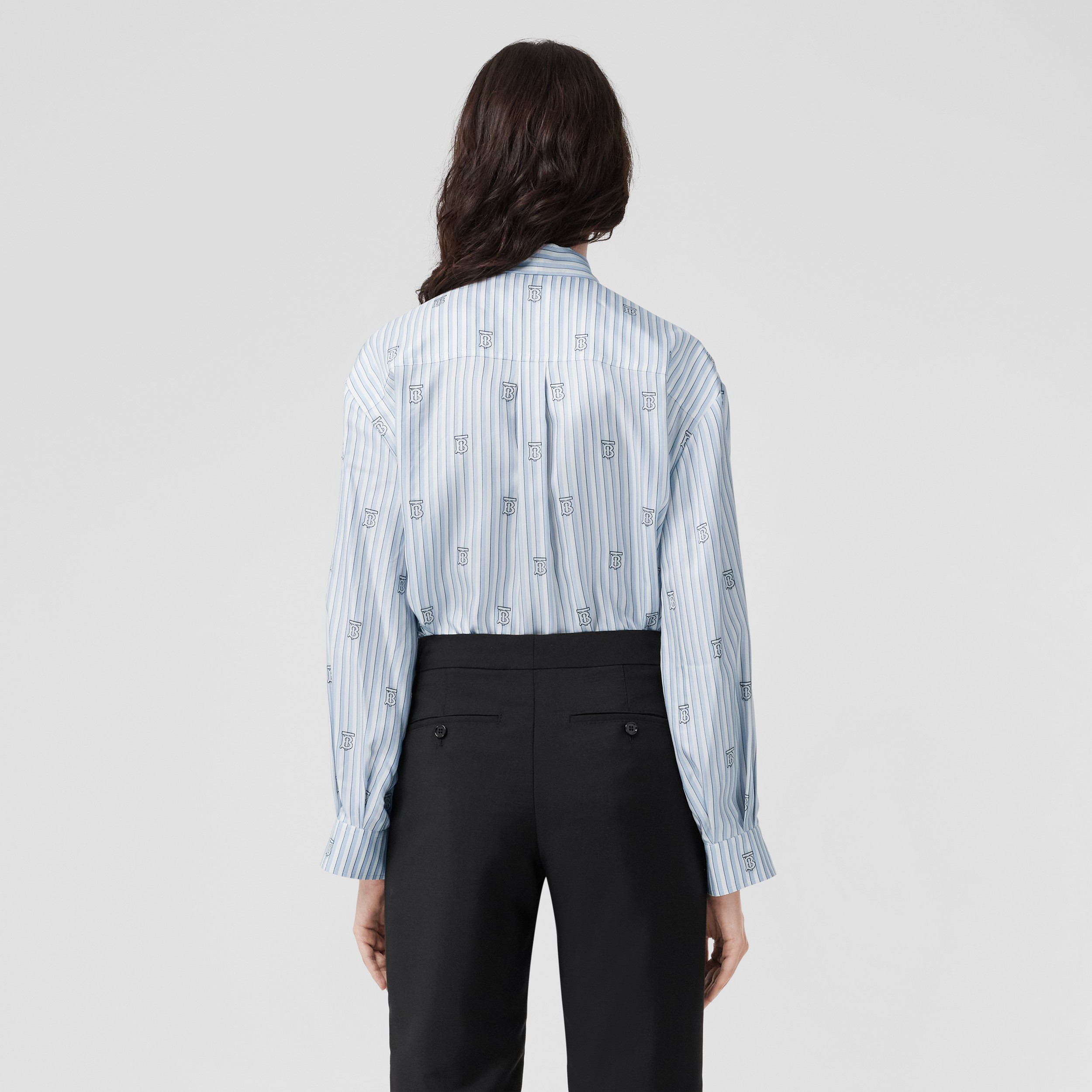 Monogram and Stripe Silk Blend Tie-neck Blouse in Pale Blue - Women | Burberry® Official - 3