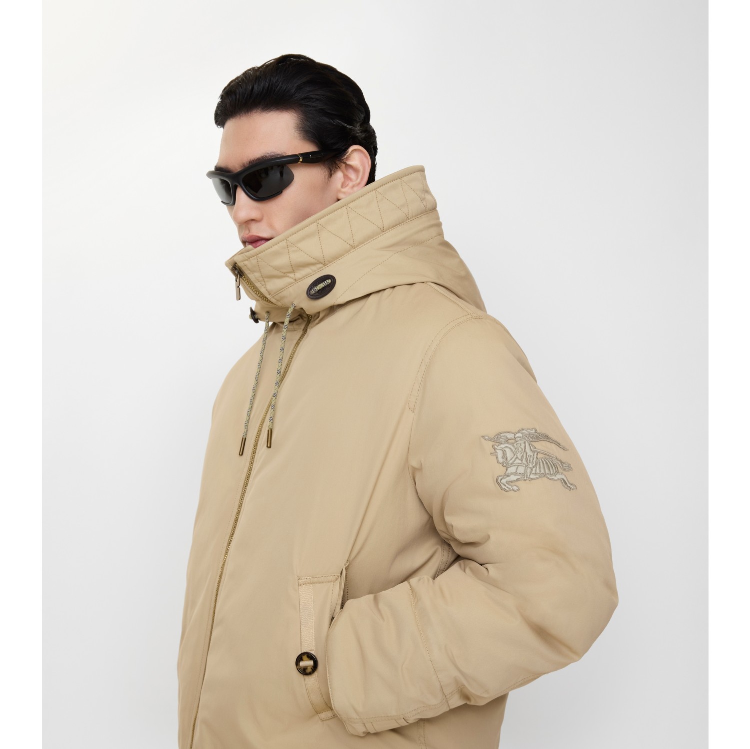 Shearling Trim Gabardine Hooded Jacket in Hamper beige - Men