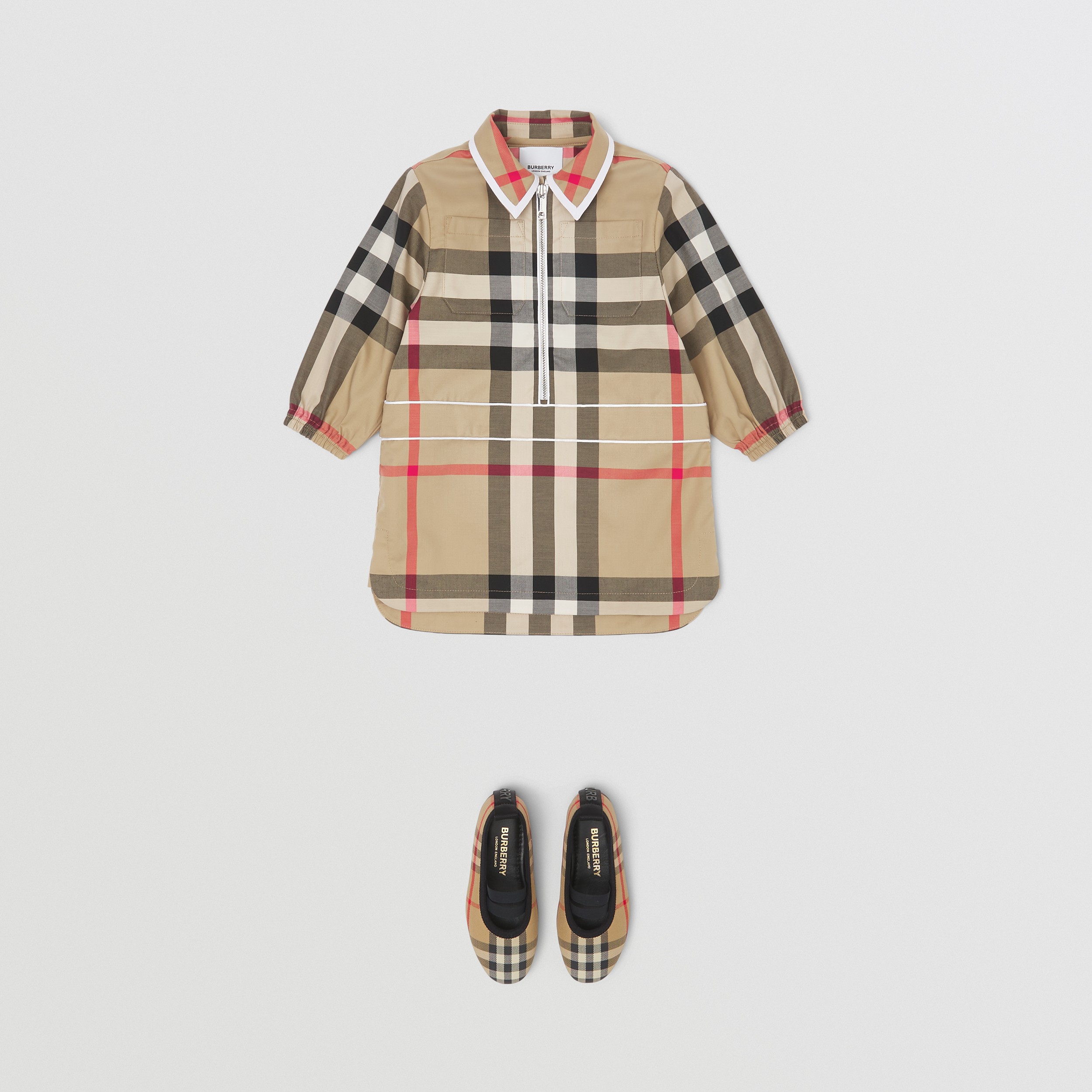 Long-sleeve Check Stretch Cotton Dress in Archive Beige - Children | Burberry® Official - 3