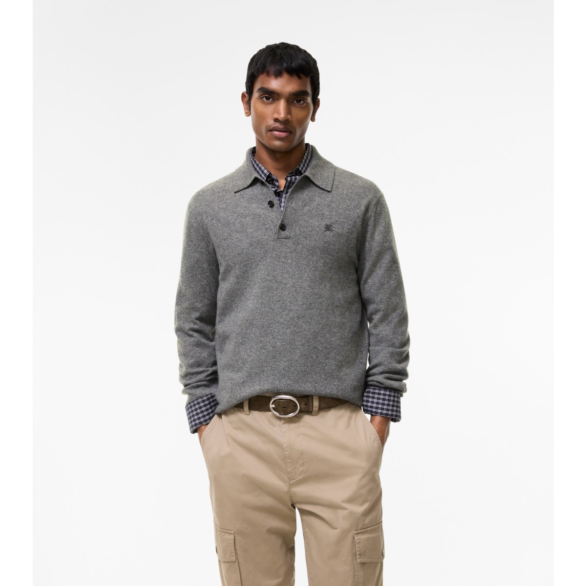  Embroidered Long-sleeve Cashmere Blend Polo Shirt
