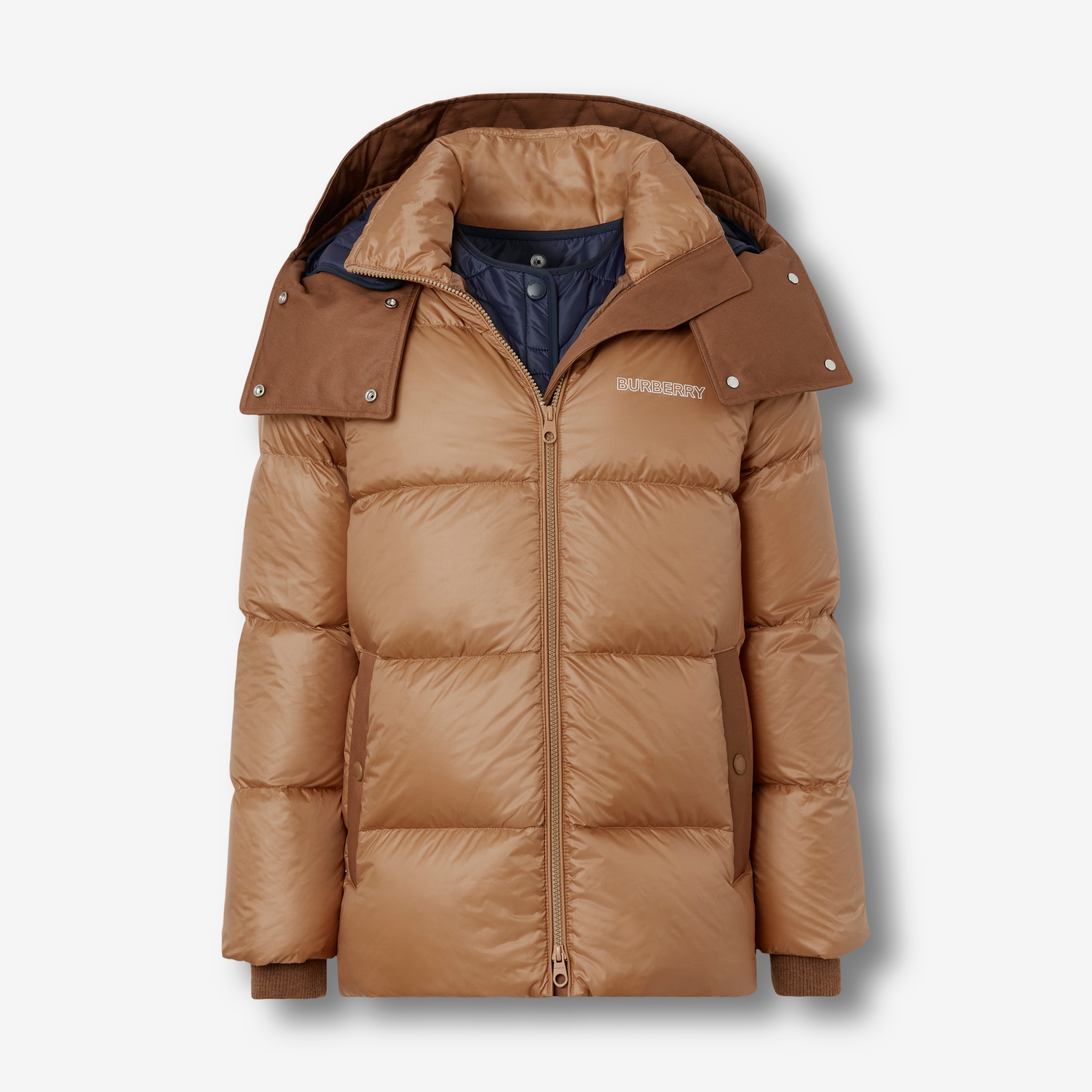 Nylon Hooded Puffer Jacket with Detachable Warmer in Muted