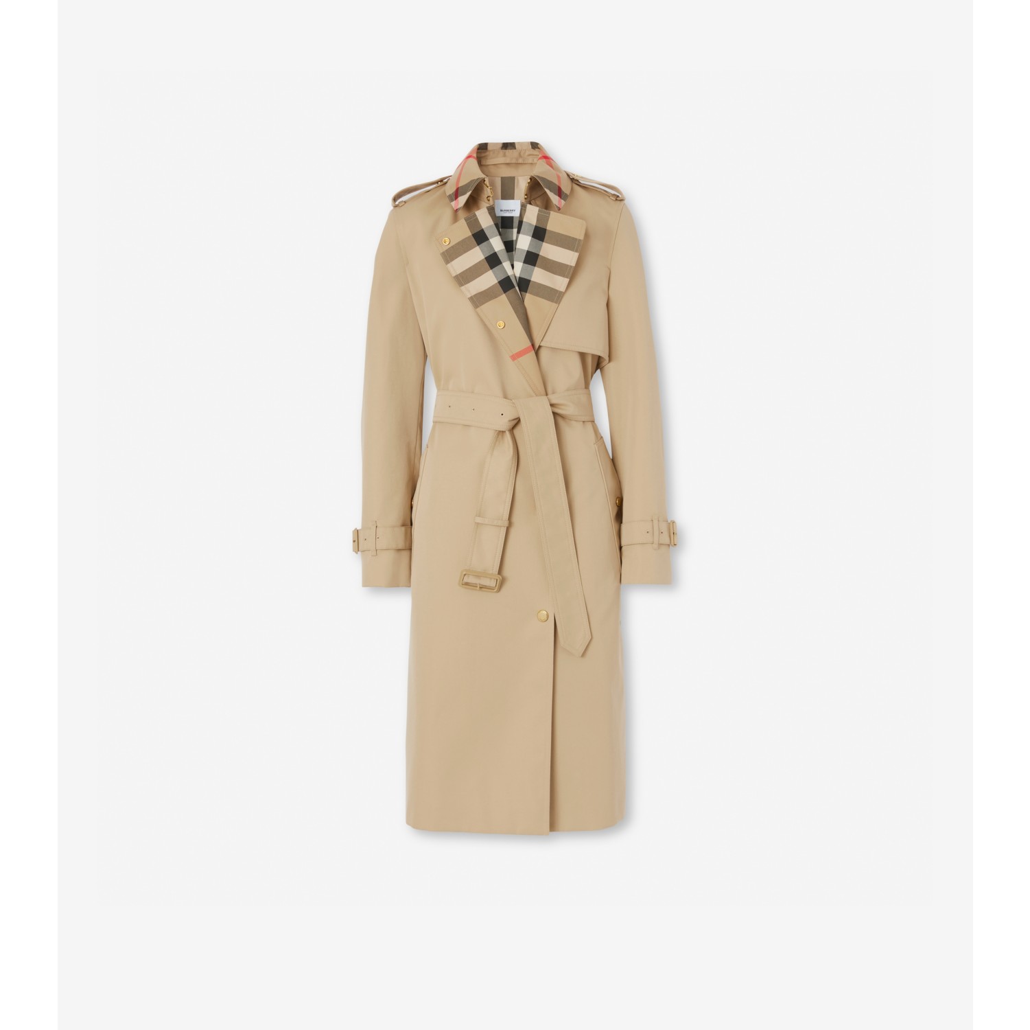 Long Check Collar Trench Coat in Honey - Women, Cotton Gabardine |  Burberry® Official