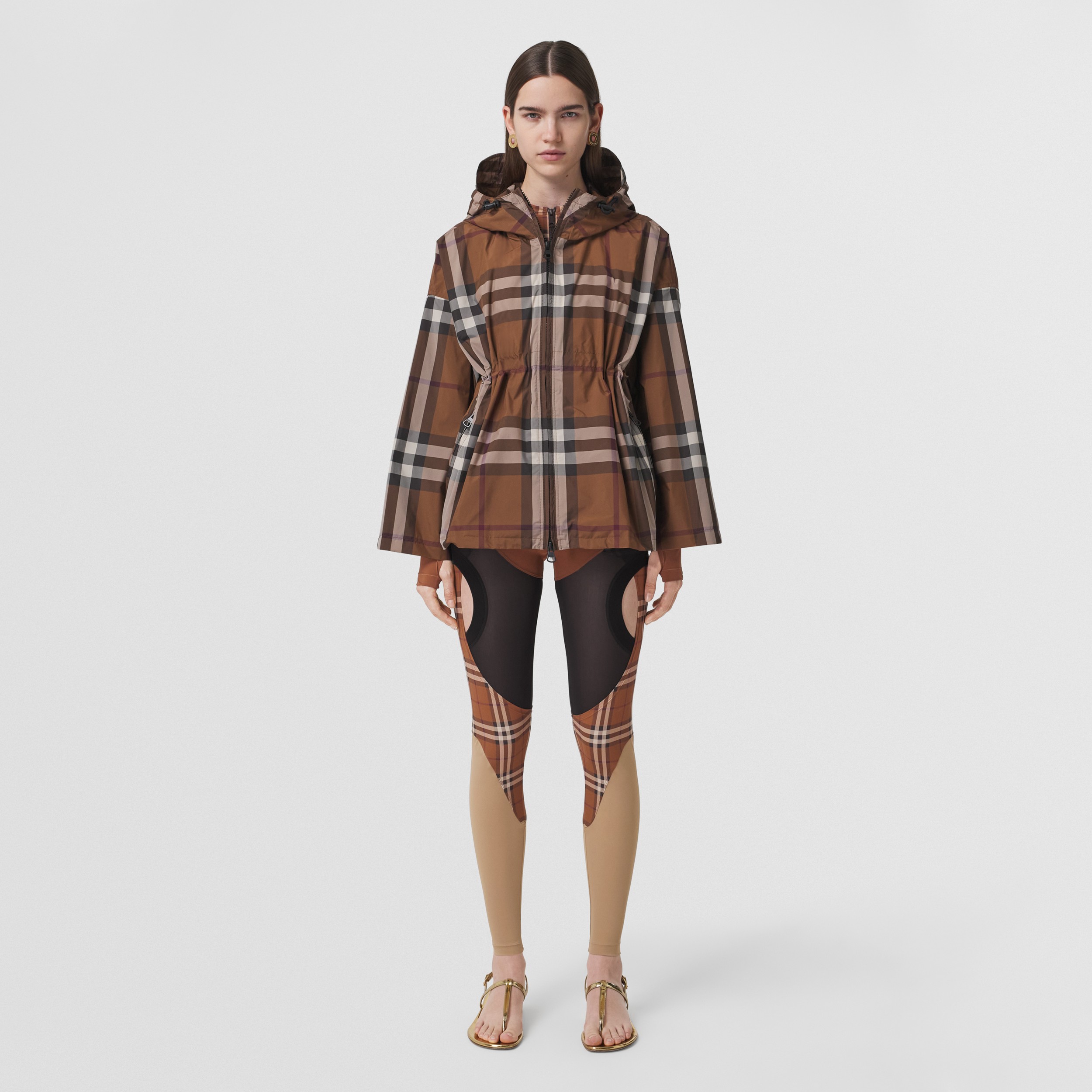 Check Recycled Polyester Hooded Jacket in Dark Birch Brown - Women | Burberry® Official - 1