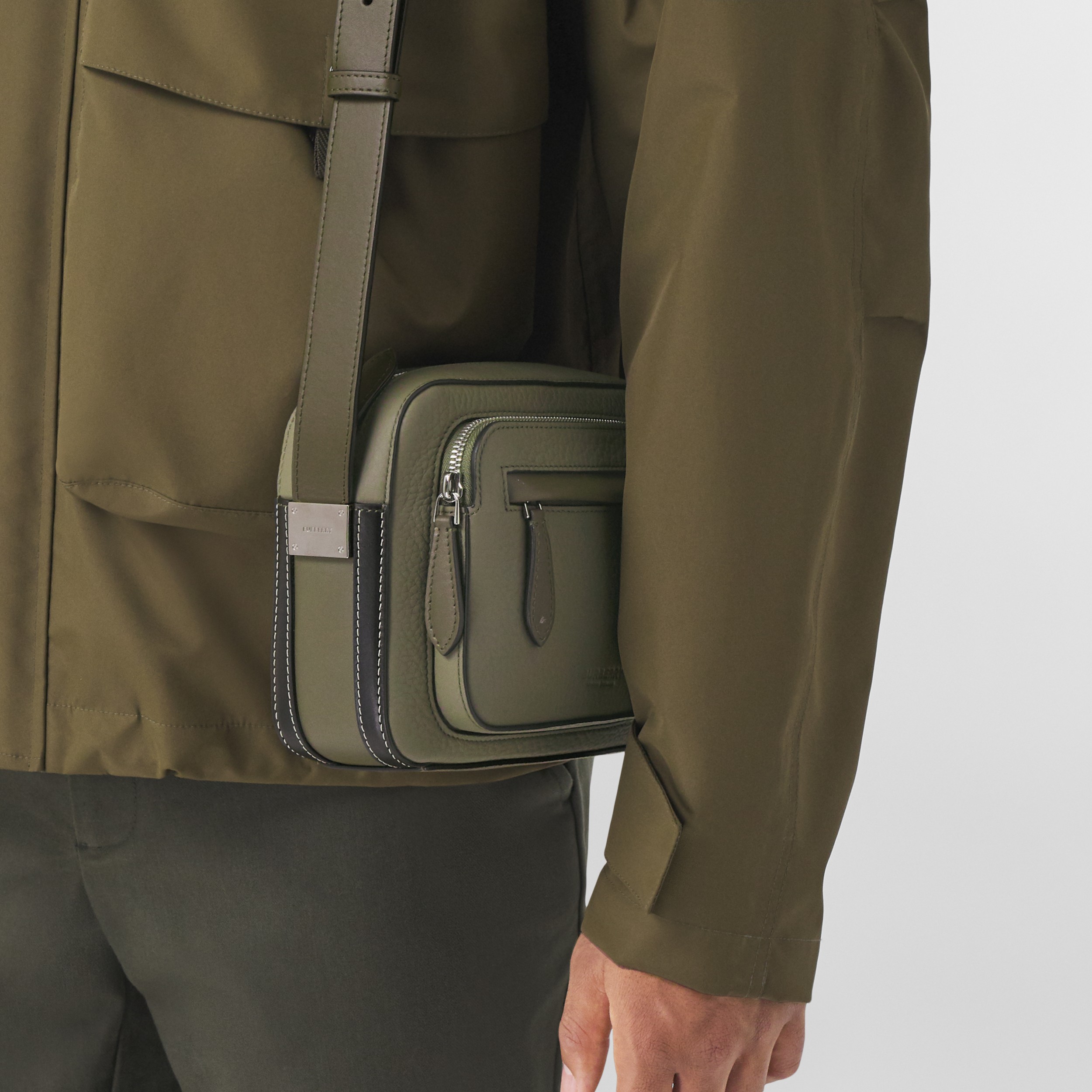 Twotone Grainy Leather Crossbody Bag in Poplar Green/black Men