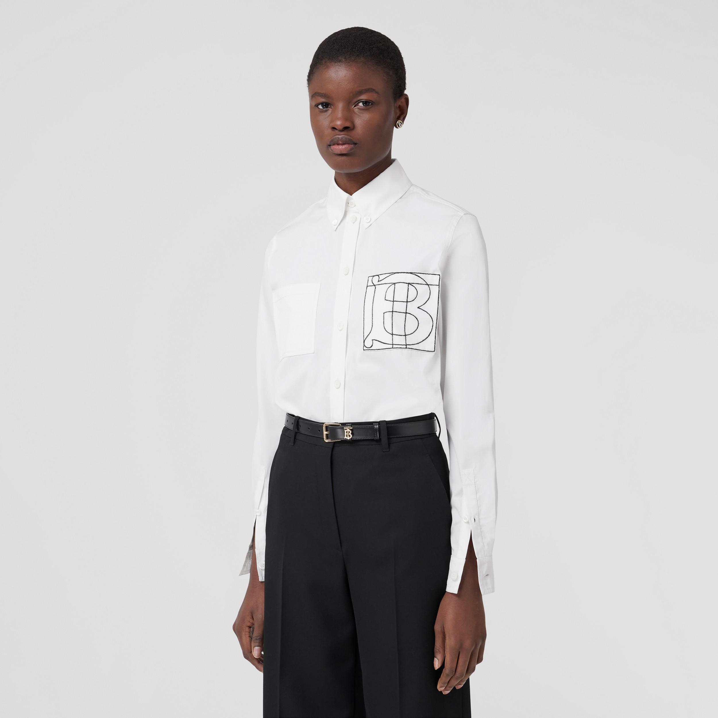 Monogram Motif Cotton Poplin Shirt in Optic White - Women | Burberry® Official - 1