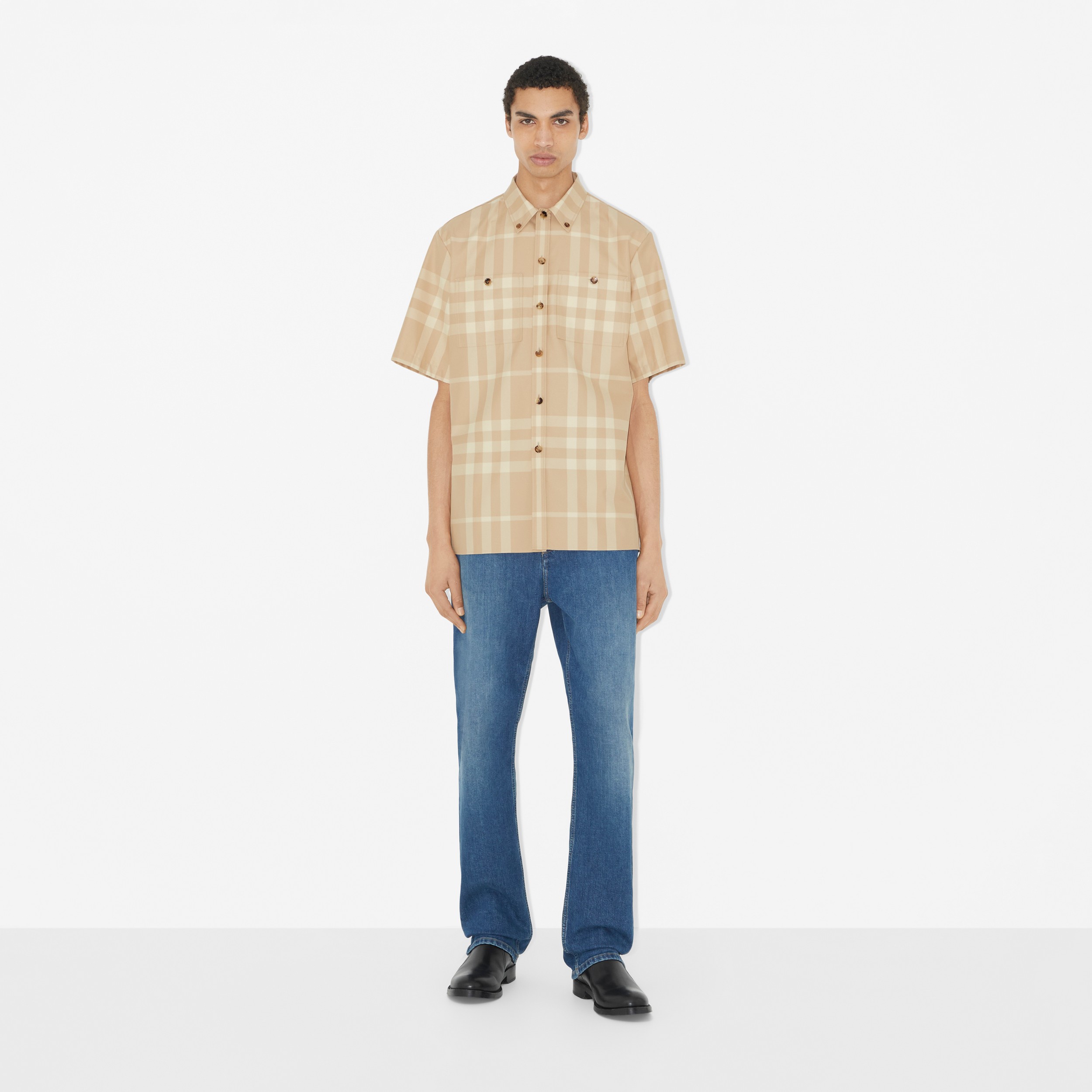 Short-sleeve Check Cotton Gabardine Shirt in Soft Fawn - Men | Burberry® Official - 2