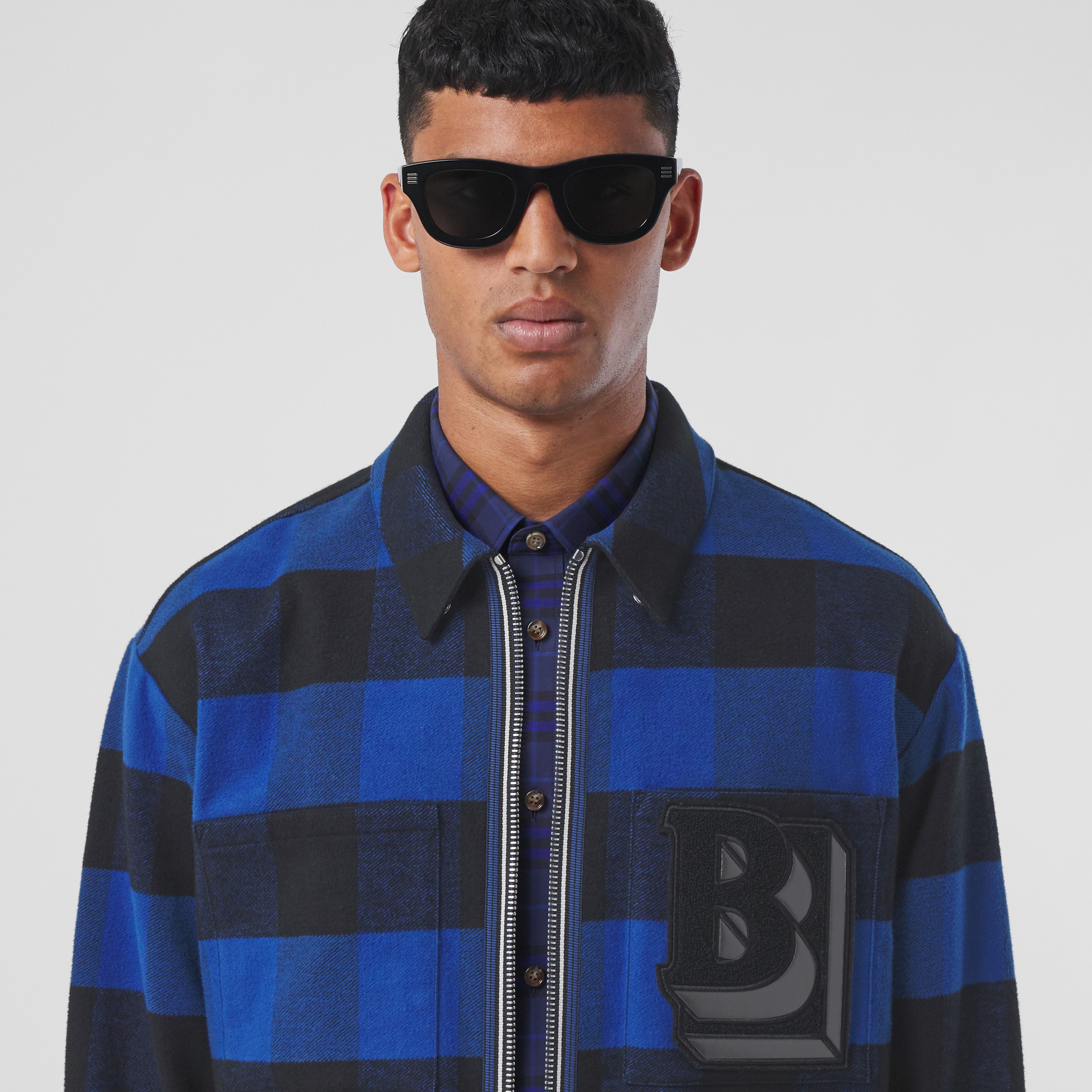 Letter Graphic Gingham Cotton Flannel Zip-front Shirt in Oceanic Blue - Men | Burberry® Official - 2