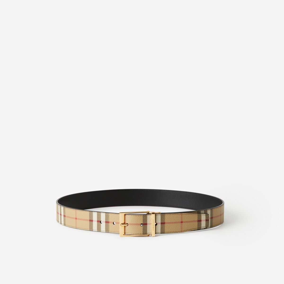Shop Burberry Check And Leather Reversible Belt In Archive Beige/gold