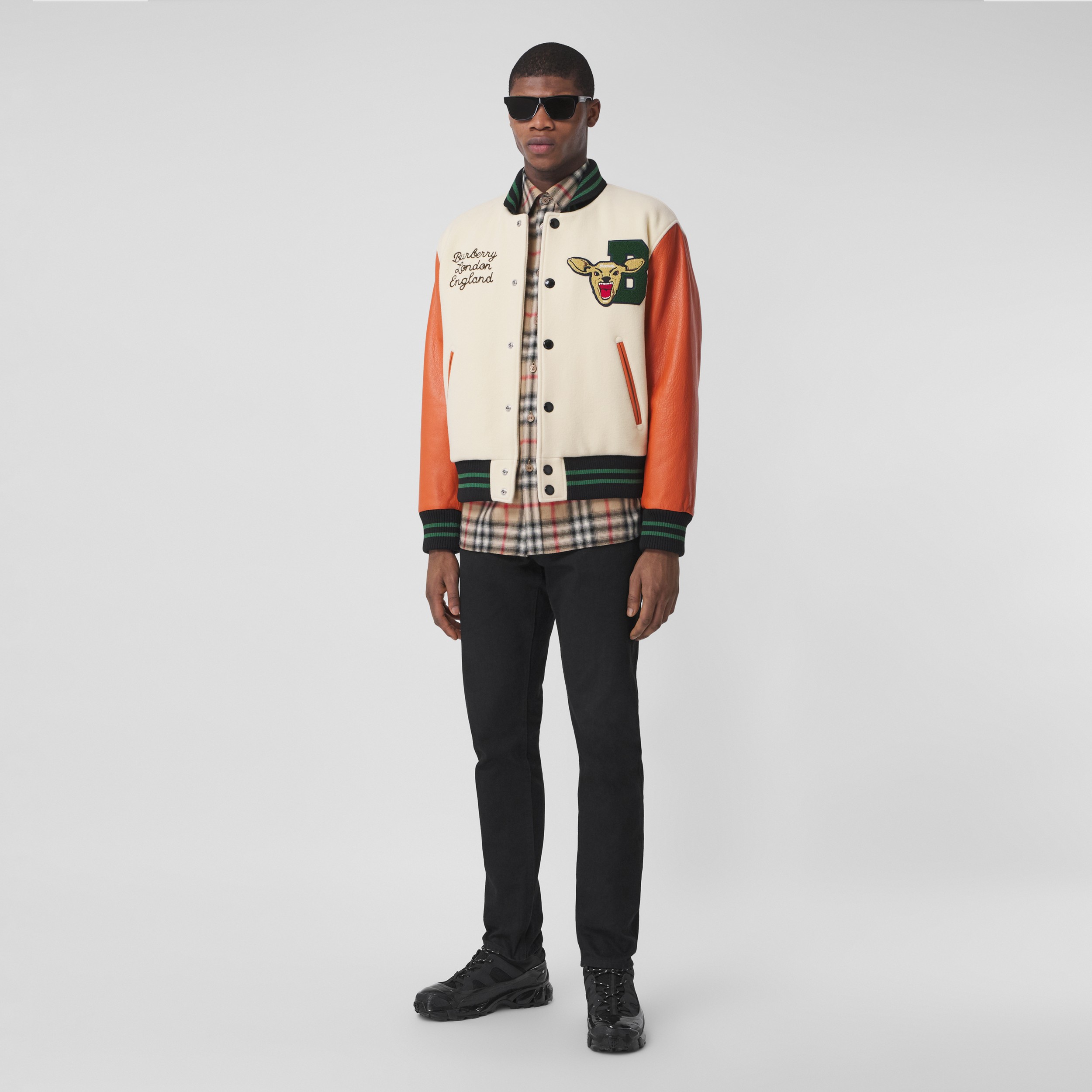 Varsity Graphic Wool and Leather Bomber Jacket in Vanilla - Men ...
