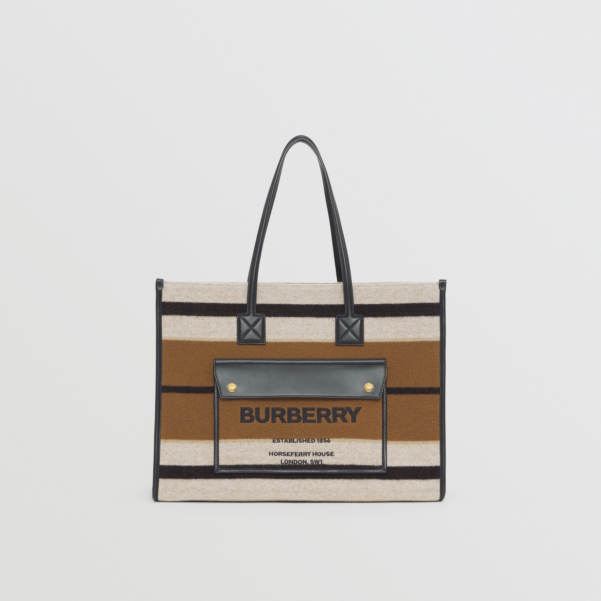 Medium Striped Wool and Leather Freya Tote in Warm Walnut/black - Women | Burberry® Official - 1