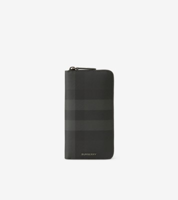 Check and Leather Ziparound Wallet in Charcoal - Men