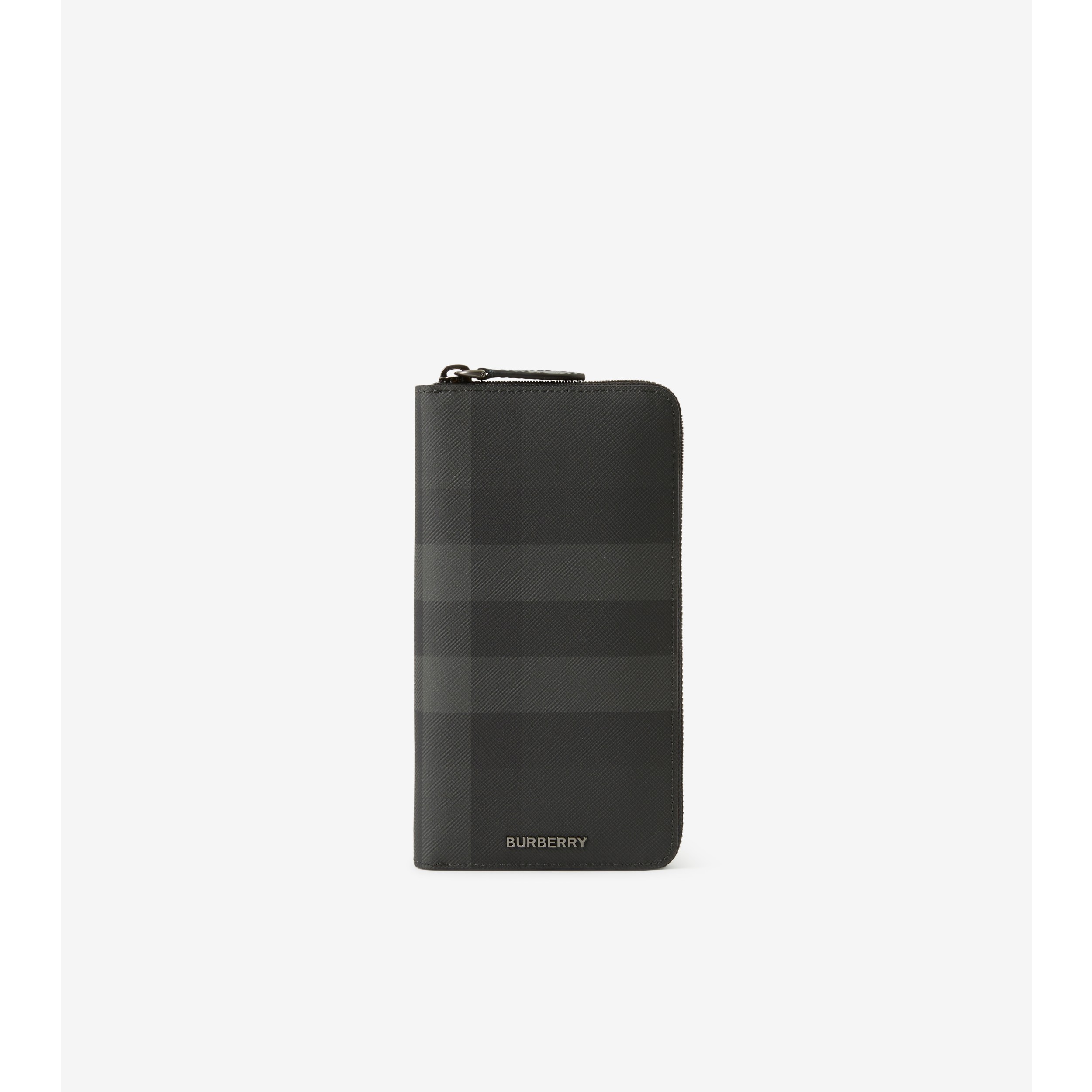 Check and Leather Card Case in Charcoal - Men