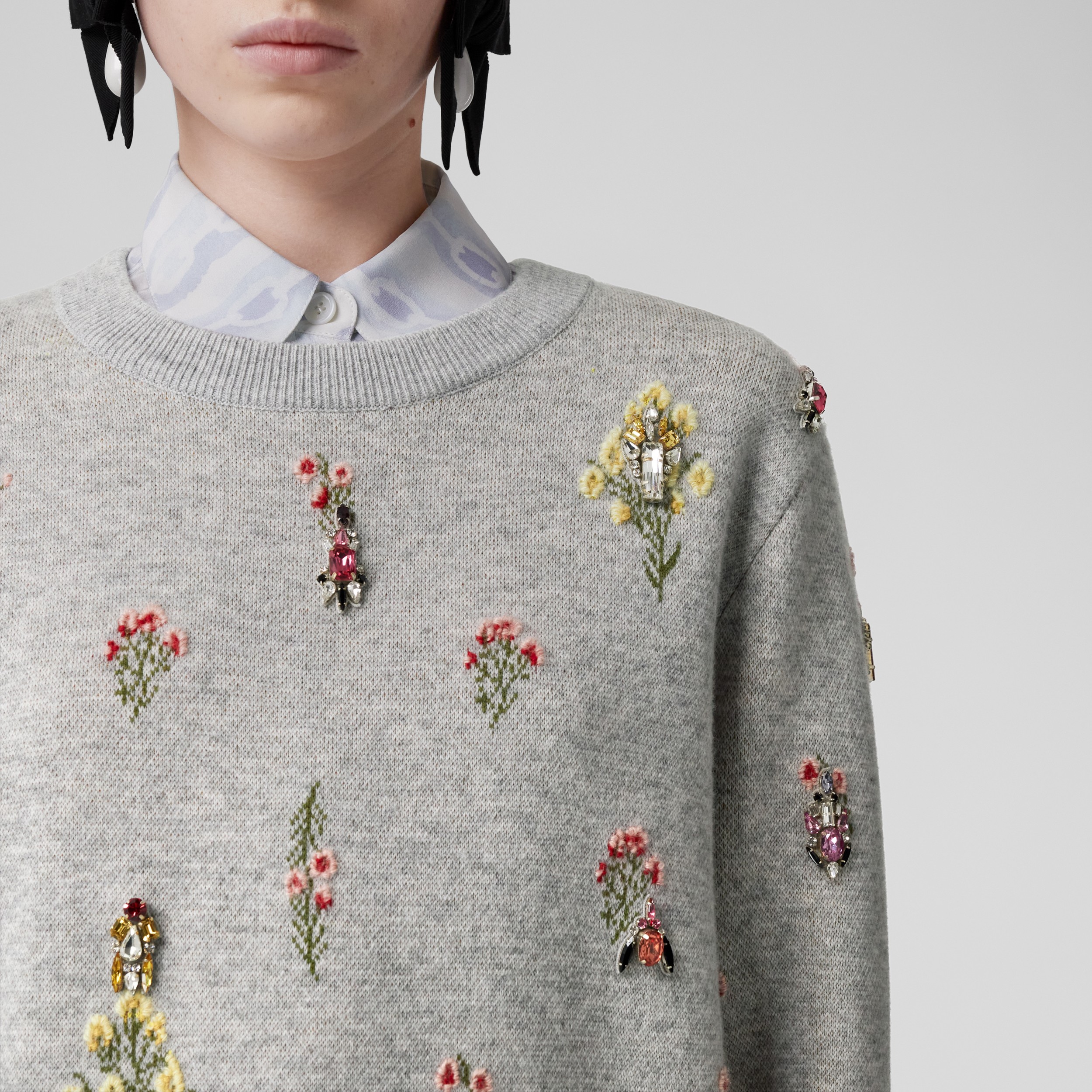 Crystal Embroidered Floral Wool Blend Sweater in Parchment Grey - Women | Burberry® Official - 2