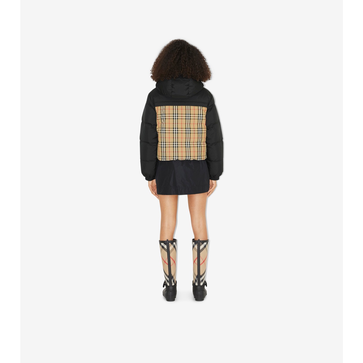 Cropped Reversible Check Puffer Jacket