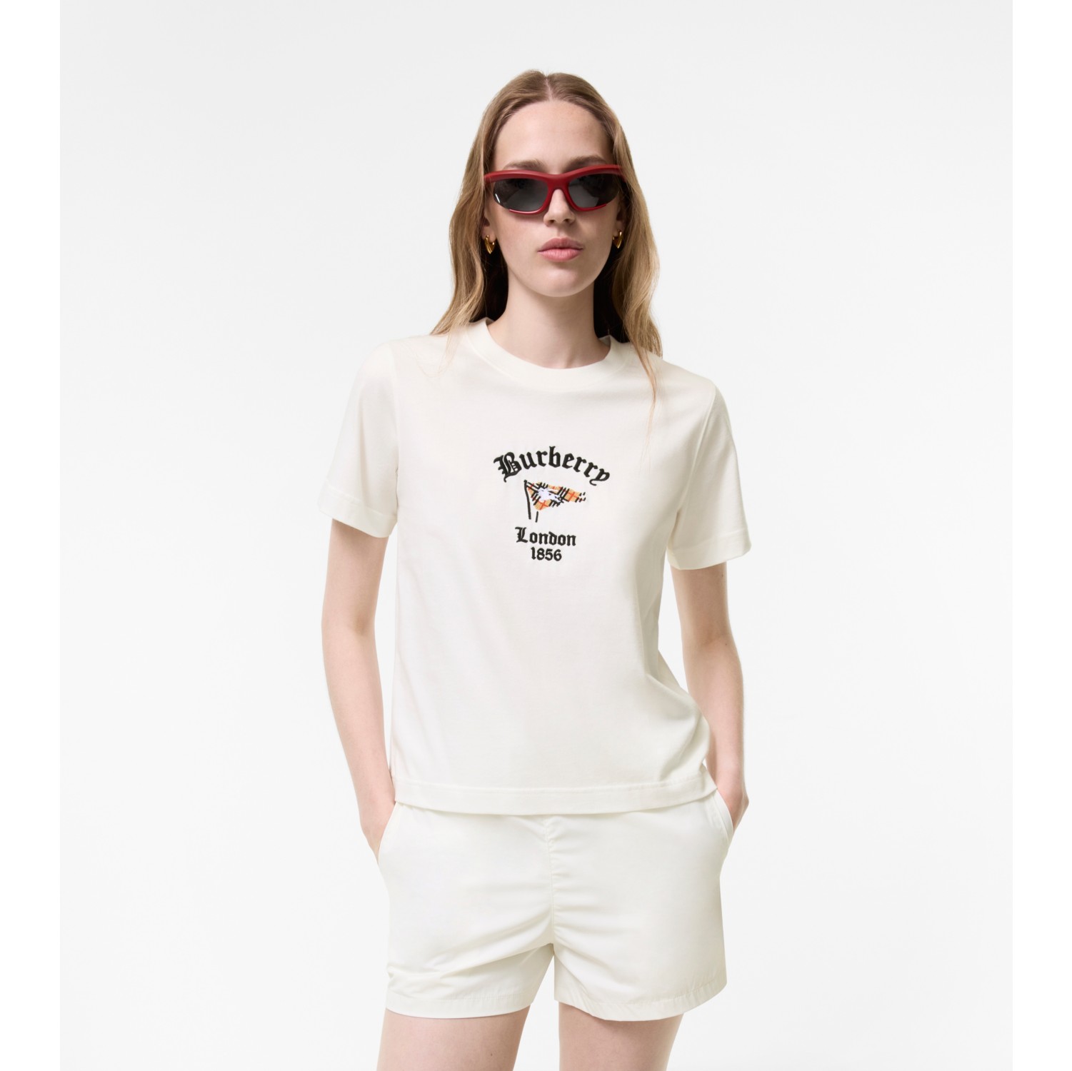 Check Flag Cotton T-shirt in Chalk - Women | Burberry® Official