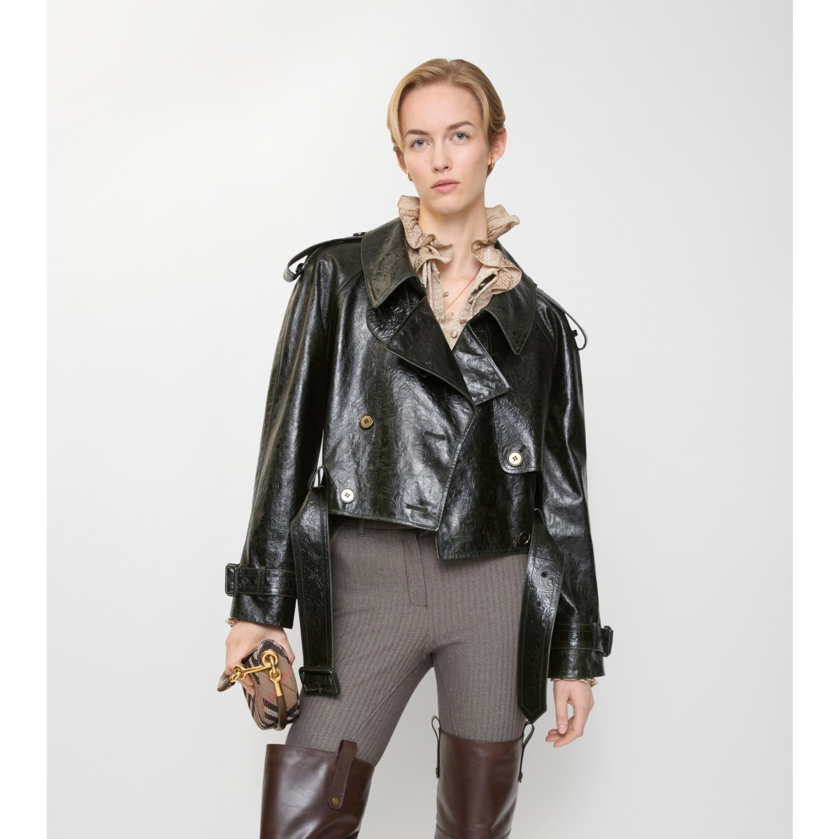  Check Cropped Embossed Leather Trench Jacket