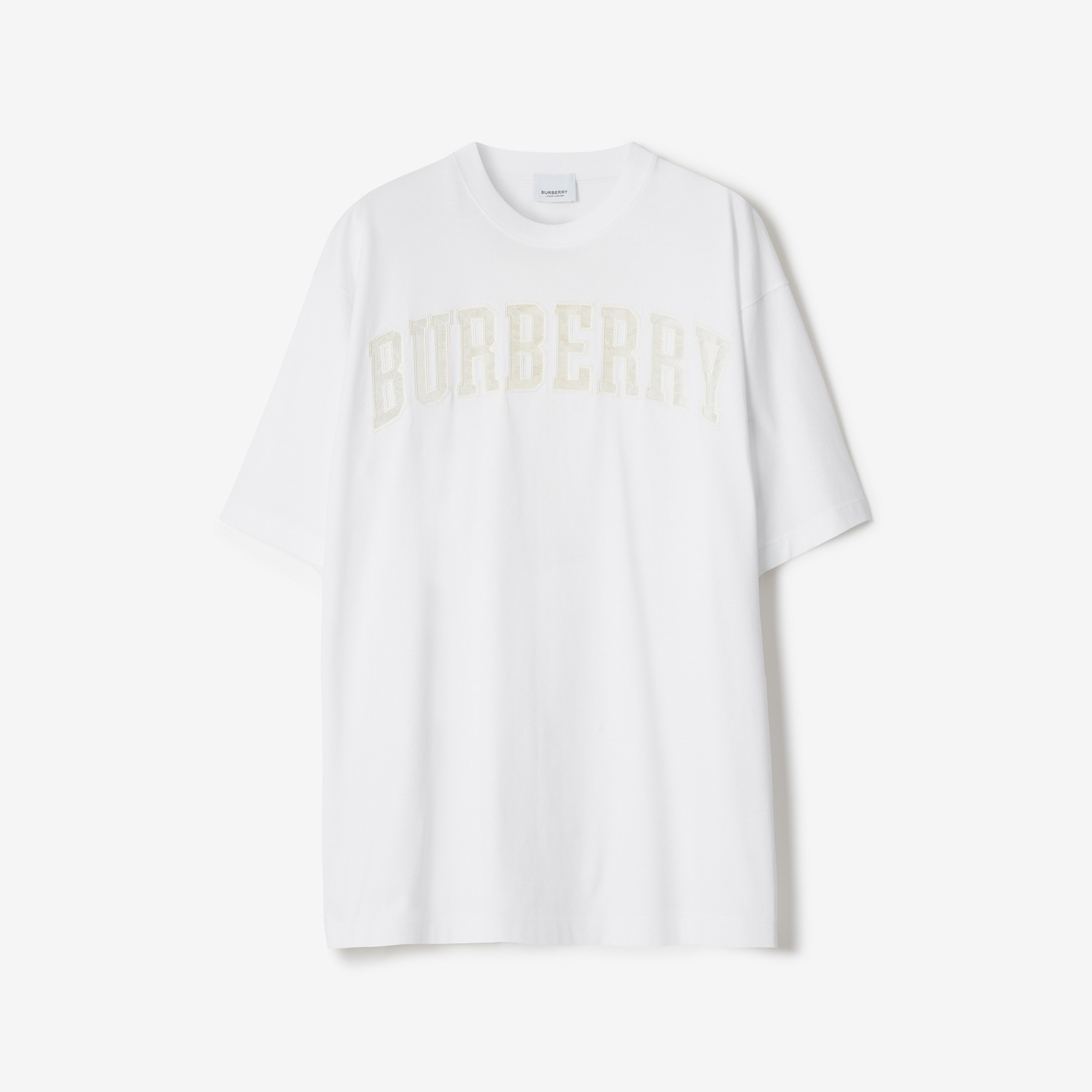 Lace Logo Cotton Oversized T-shirt in Optic White - Women | Burberry® Official - 1