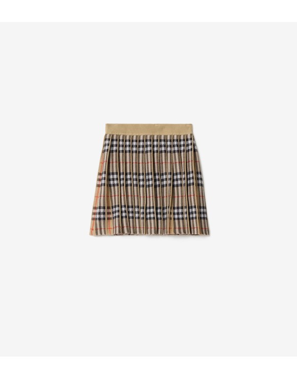 Pleated Check Wool Blend Skirt