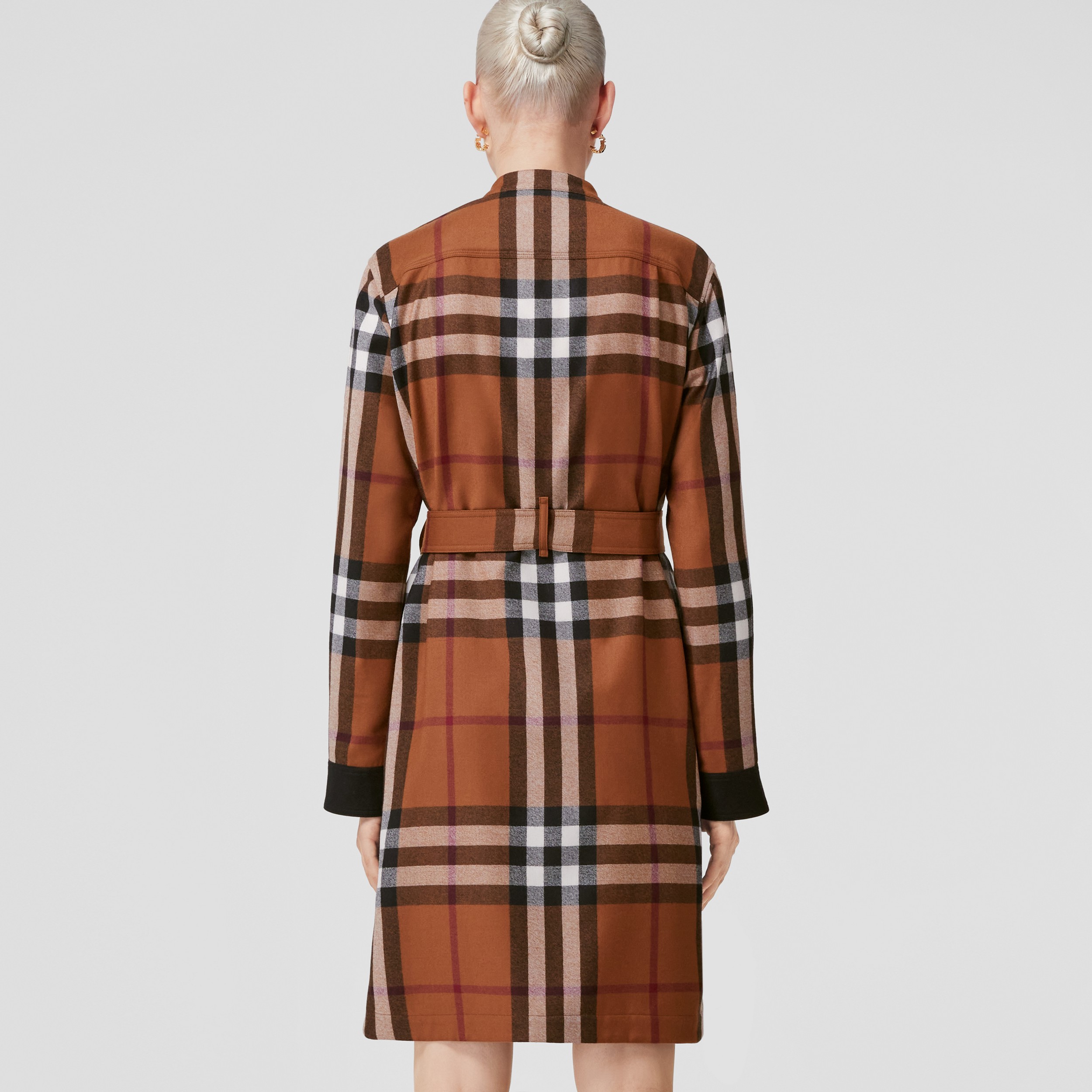 Exaggerated Check Wool Belted Shirt Dress in Dark Birch Brown - Women | Burberry® Official - 3