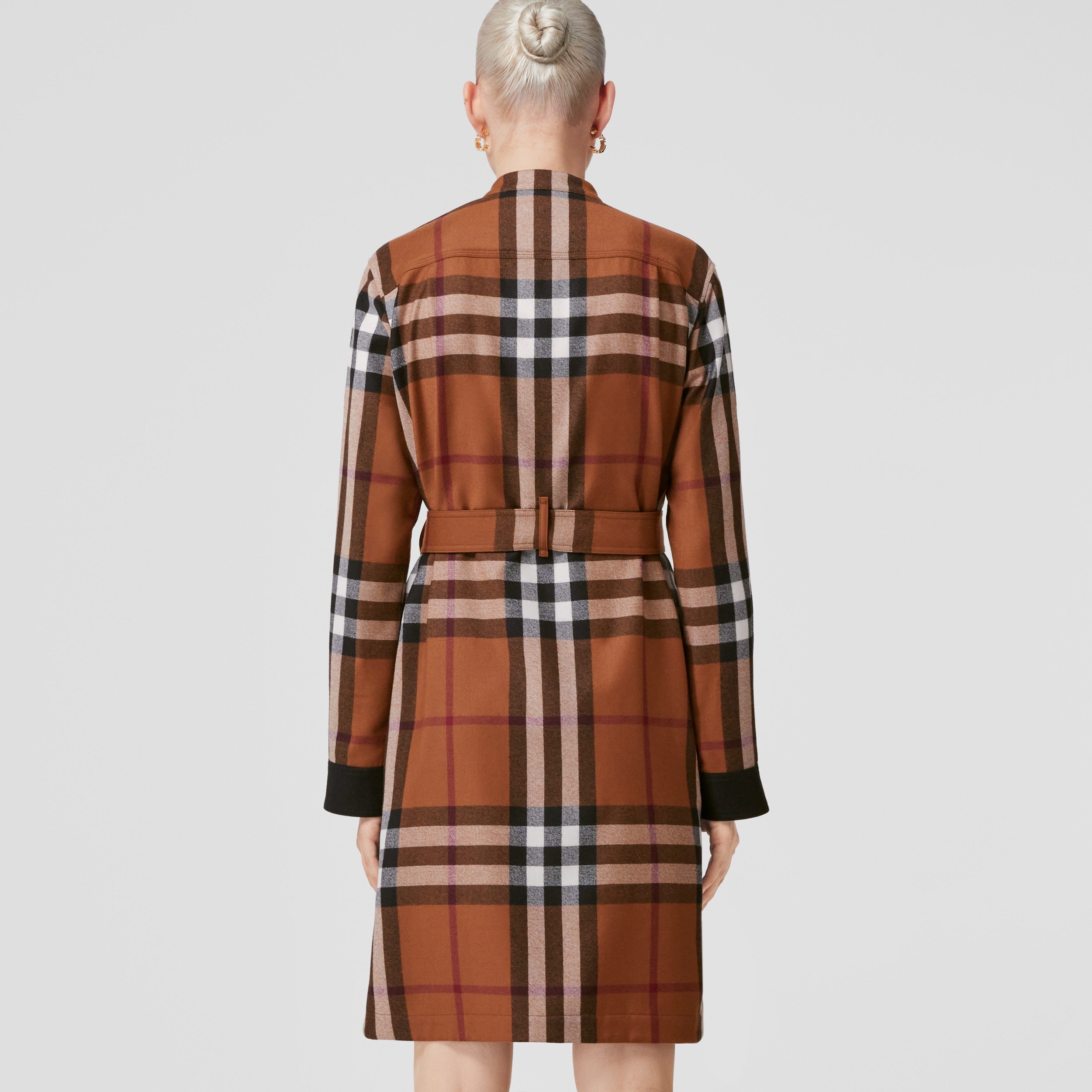 Exaggerated Check Wool Belted Shirt Dress in Dark Birch Brown - Women |  Burberry® Official