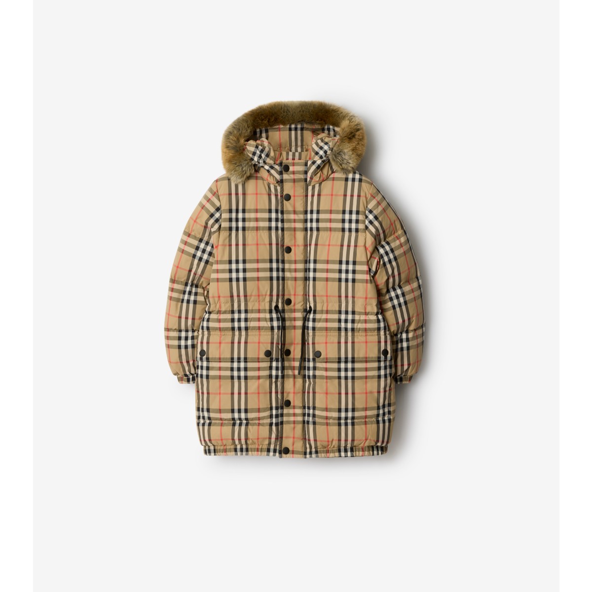  Check Faux Fur Trim Nylon Puffer Coat