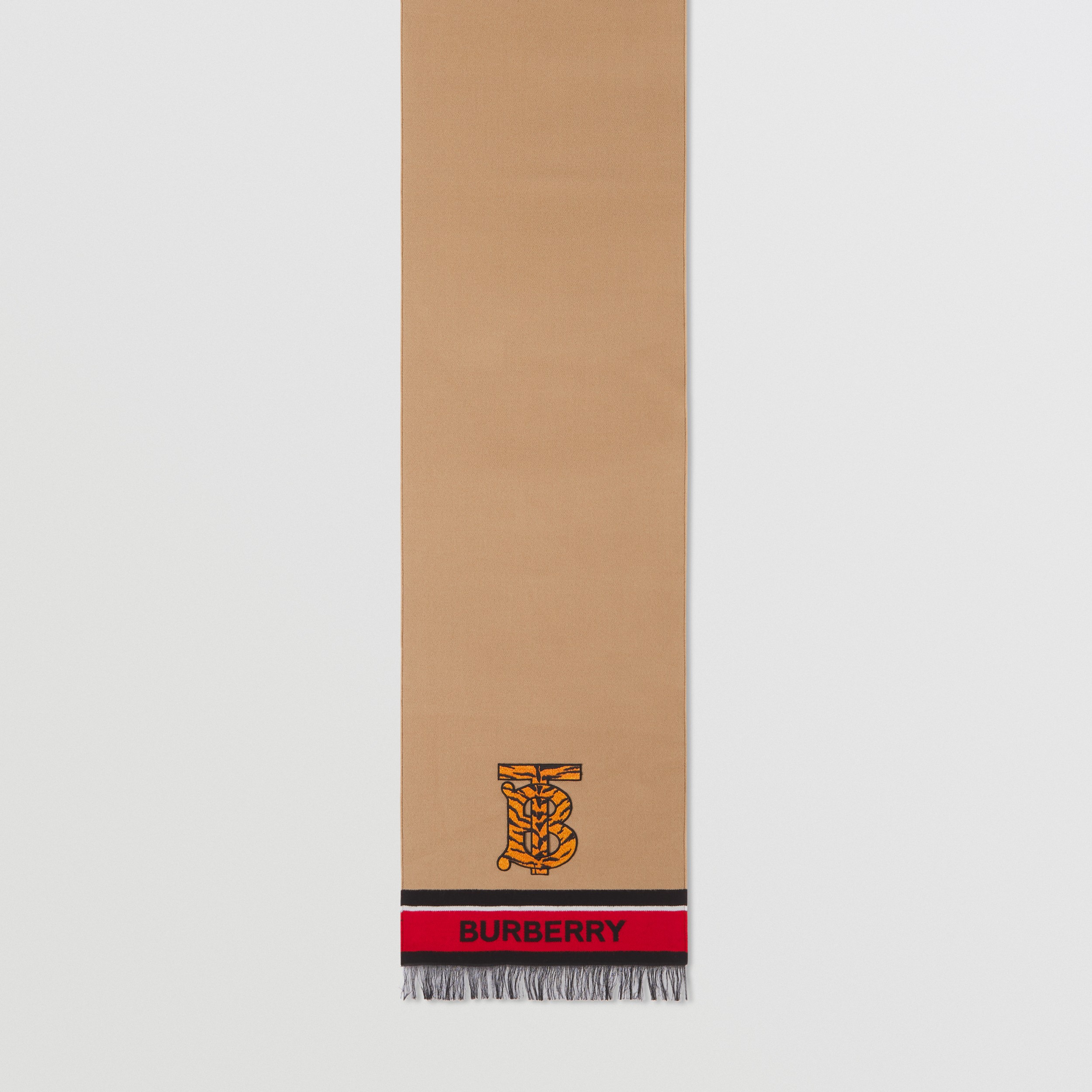 Шарф из шерсти и шелка с логотипом и монограммой (Песочный) | Официальный сайт Burberry® - 4