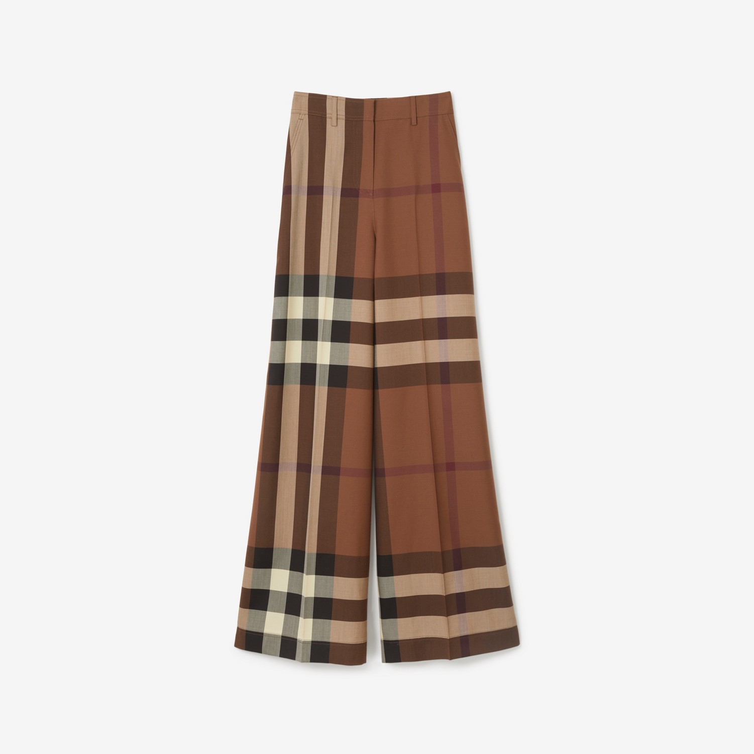 Check Wool Wide-leg Trousers in Dark Birch Brown - Women | Burberry® Official
