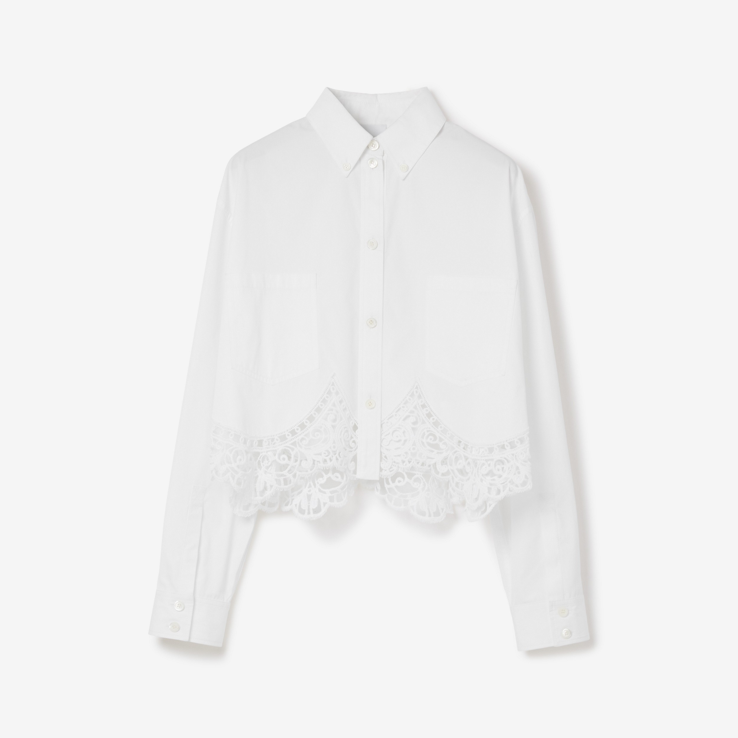 Camisa cropped de algodão com bainha de renda macramê (Branco Óptico) - Mulheres | Burberry® oficial - 1