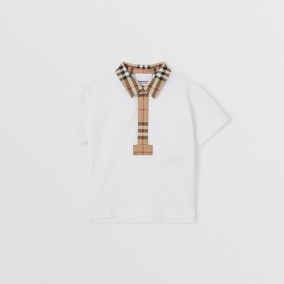 Shop Burberry Childrens Vintage Check Trim Cotton Piqué Polo Shirt In White