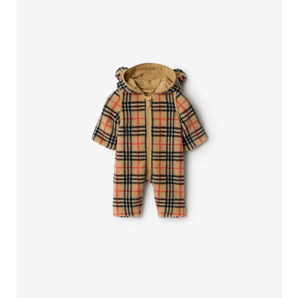 Burberry Childrens Check Fleece Hooded Jumpsuit In Brown