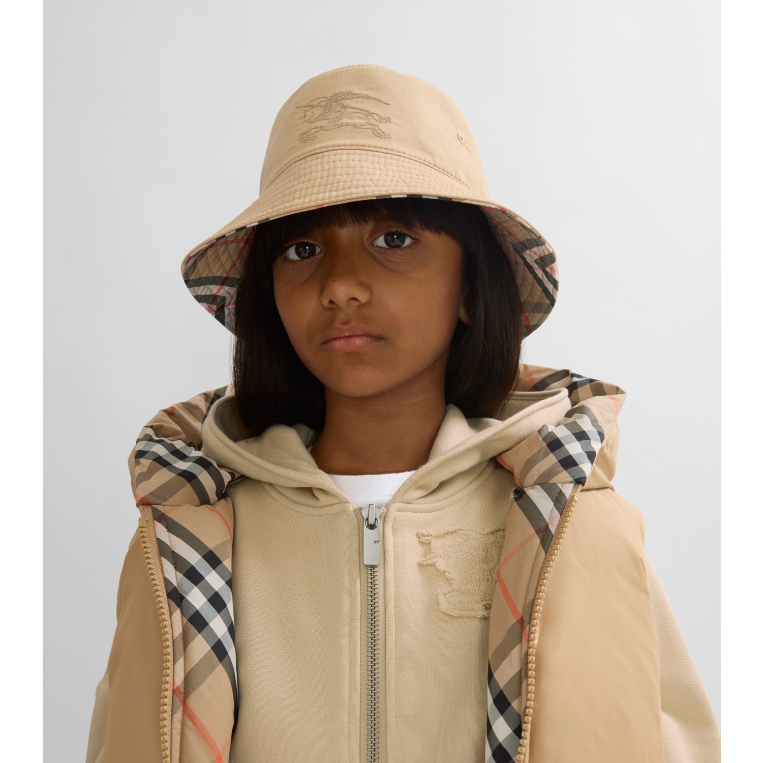 Reversible Cotton Blend Bucket Hat in Sand Children Burberry Official