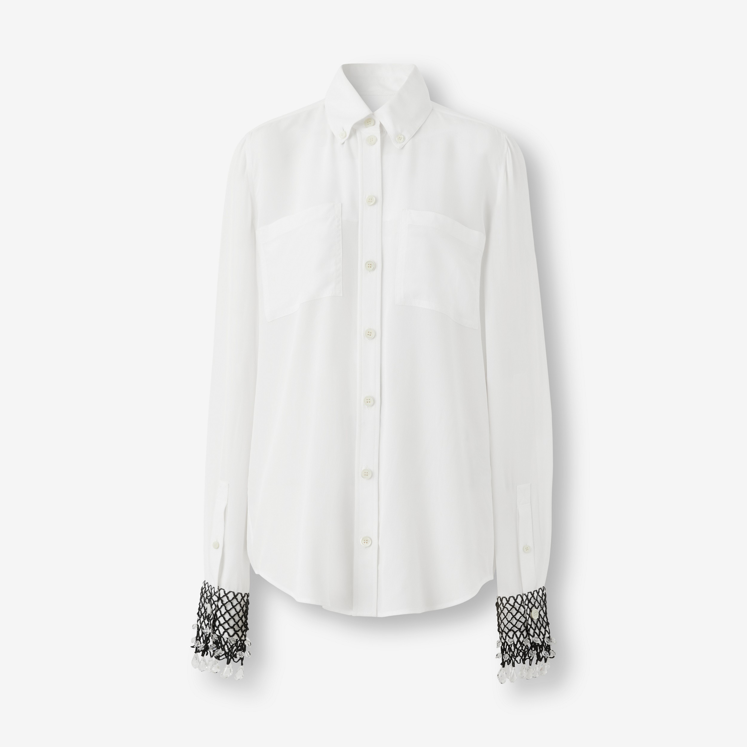 Camisa de crepe de chine de seda com punho de rede de pesca (Branco Óptico) - Mulheres | Burberry® oficial - 1
