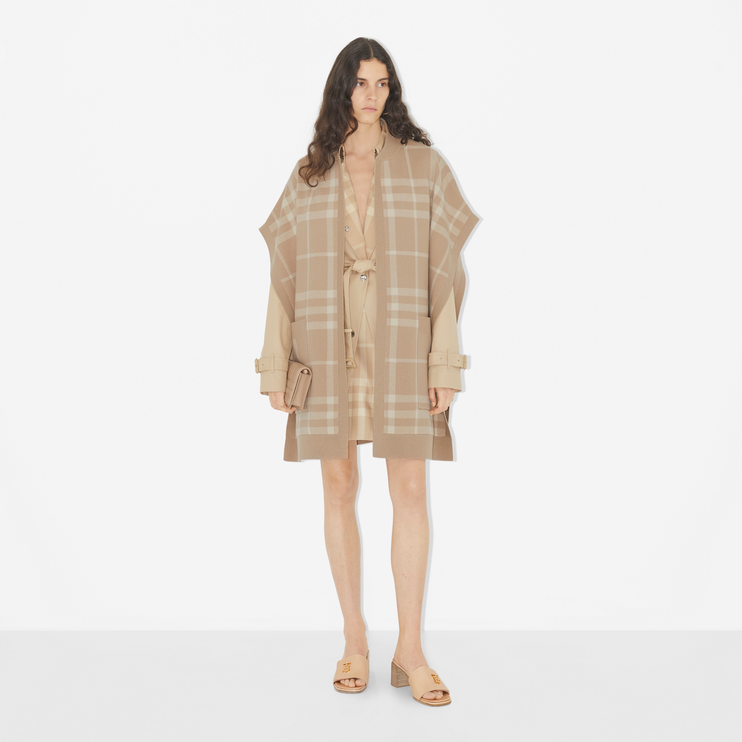 Check Wool Cashmere Jacquard Cape in Soft Fawn | Burberry® Official - 2