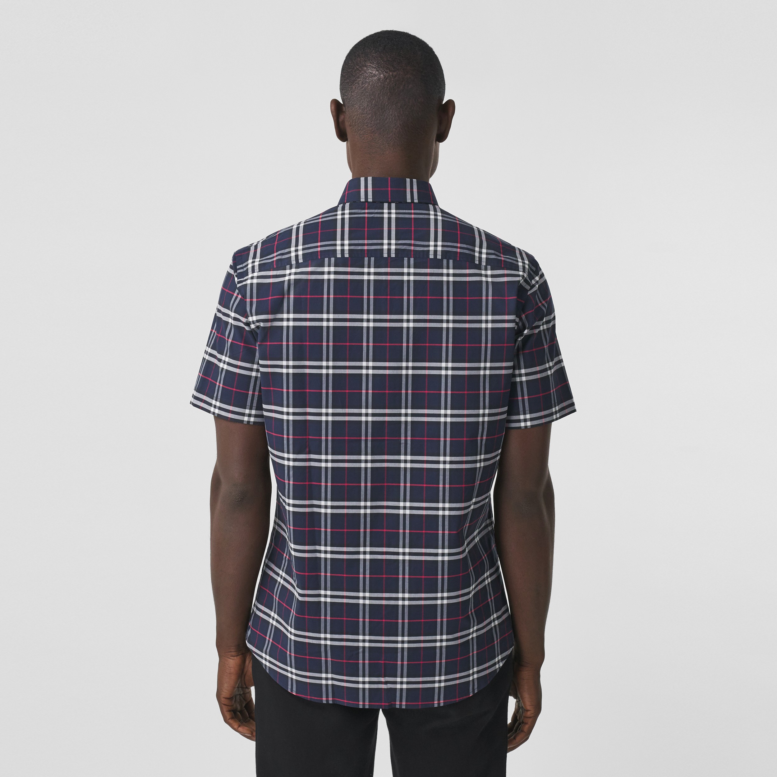Short-sleeve Small Scale Check Stretch Cotton Shirt in Navy - Men | Burberry® Official - 3