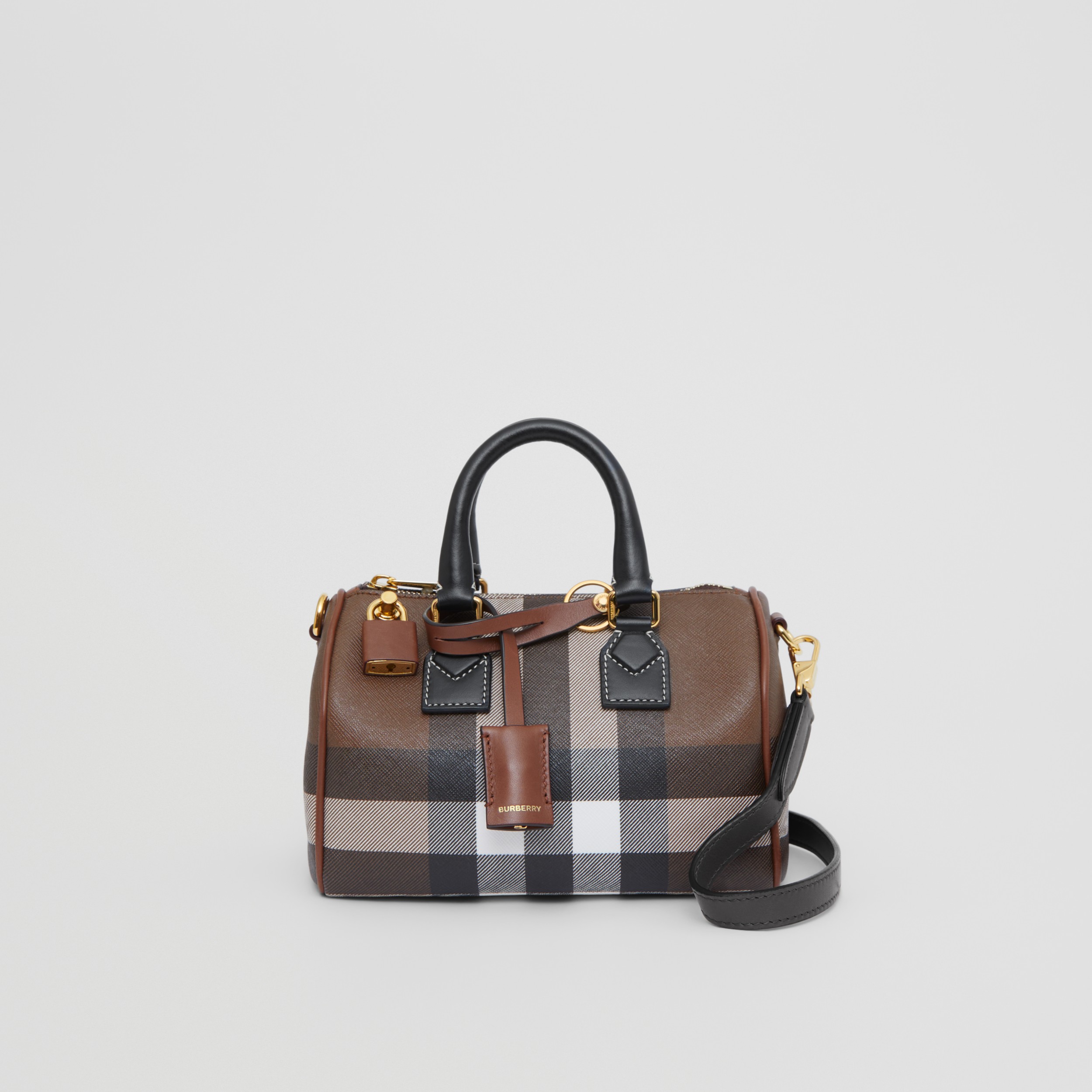 Check and Leather Mini Bowling Bag in Dark Birch Brown Women
