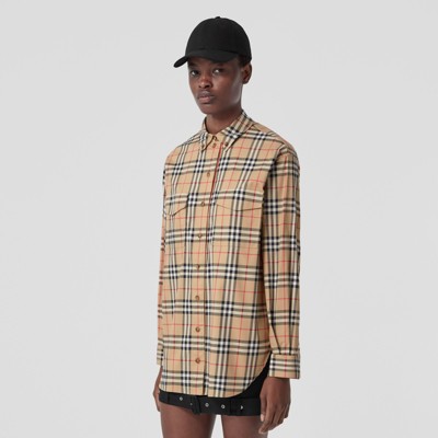 Vintage Check Stretch Cotton Oversized Shirt in Archive Beige - Women |  Burberry® Official